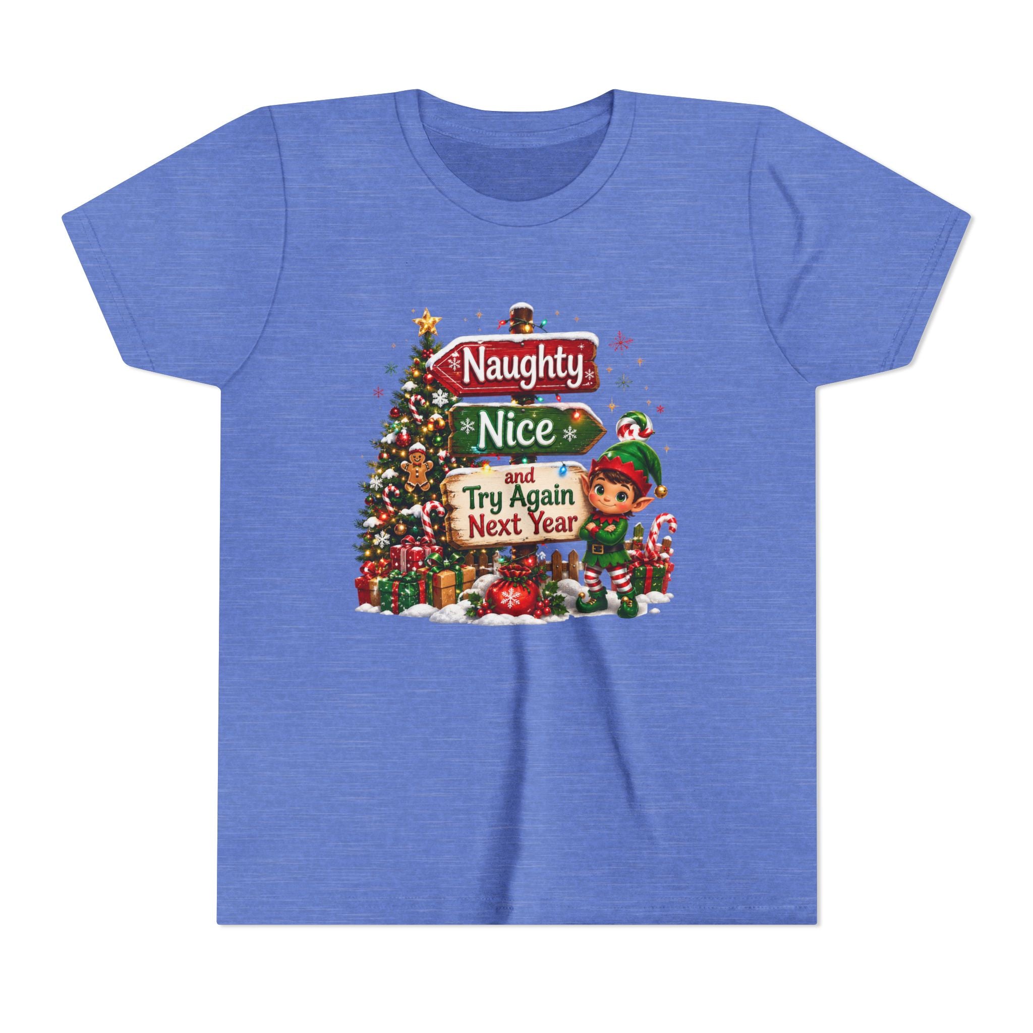Naughty Nice Try Again Next Year Kids Shirt – Funny Elf Christmas Tee | Holiday Gift for Kids