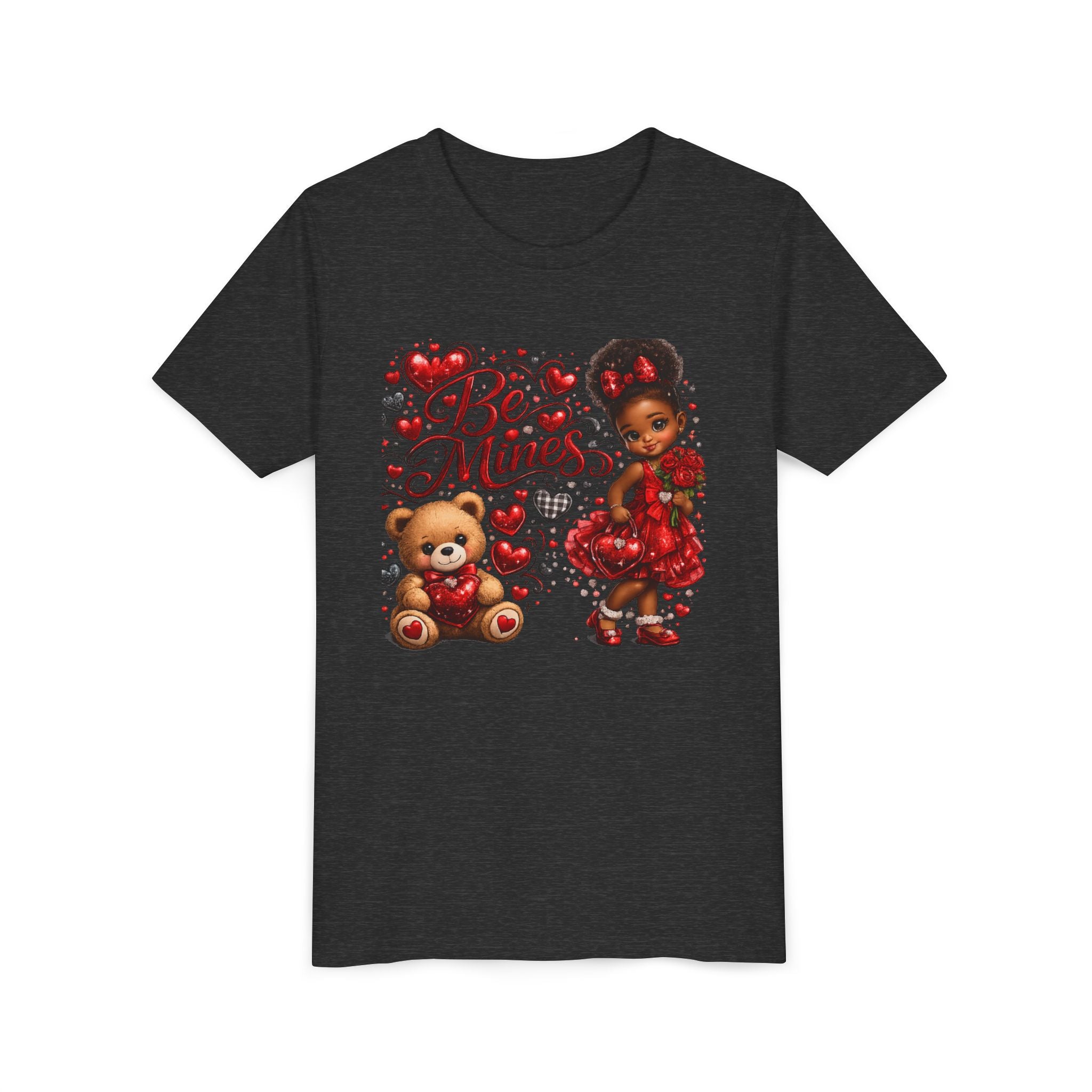 Be Mine Valentine's Day Youth T-Shirt – Cute Black Girl Teddy Bear Tee