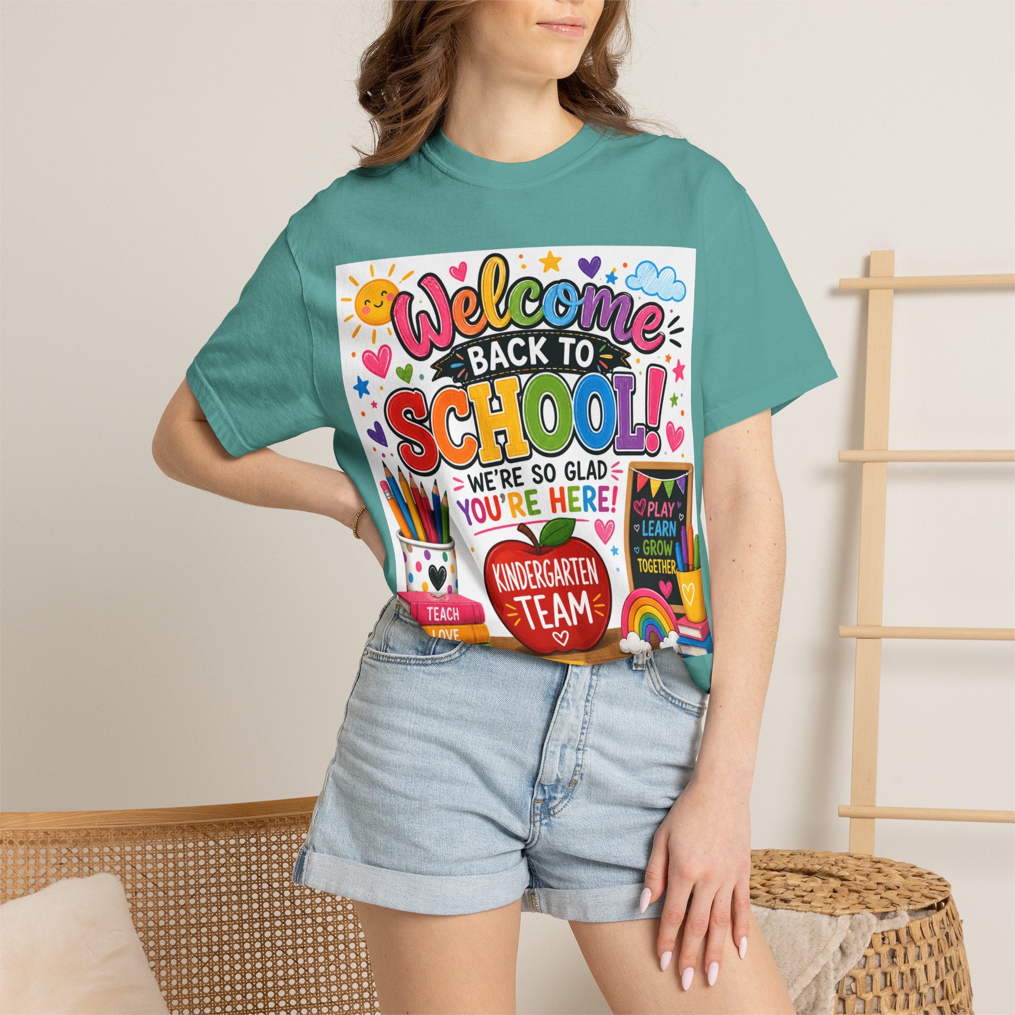 Welcome Back to School T-Shirt — Kindergarten Team Teacher Shirt (We’re So Glad You’re Here)
