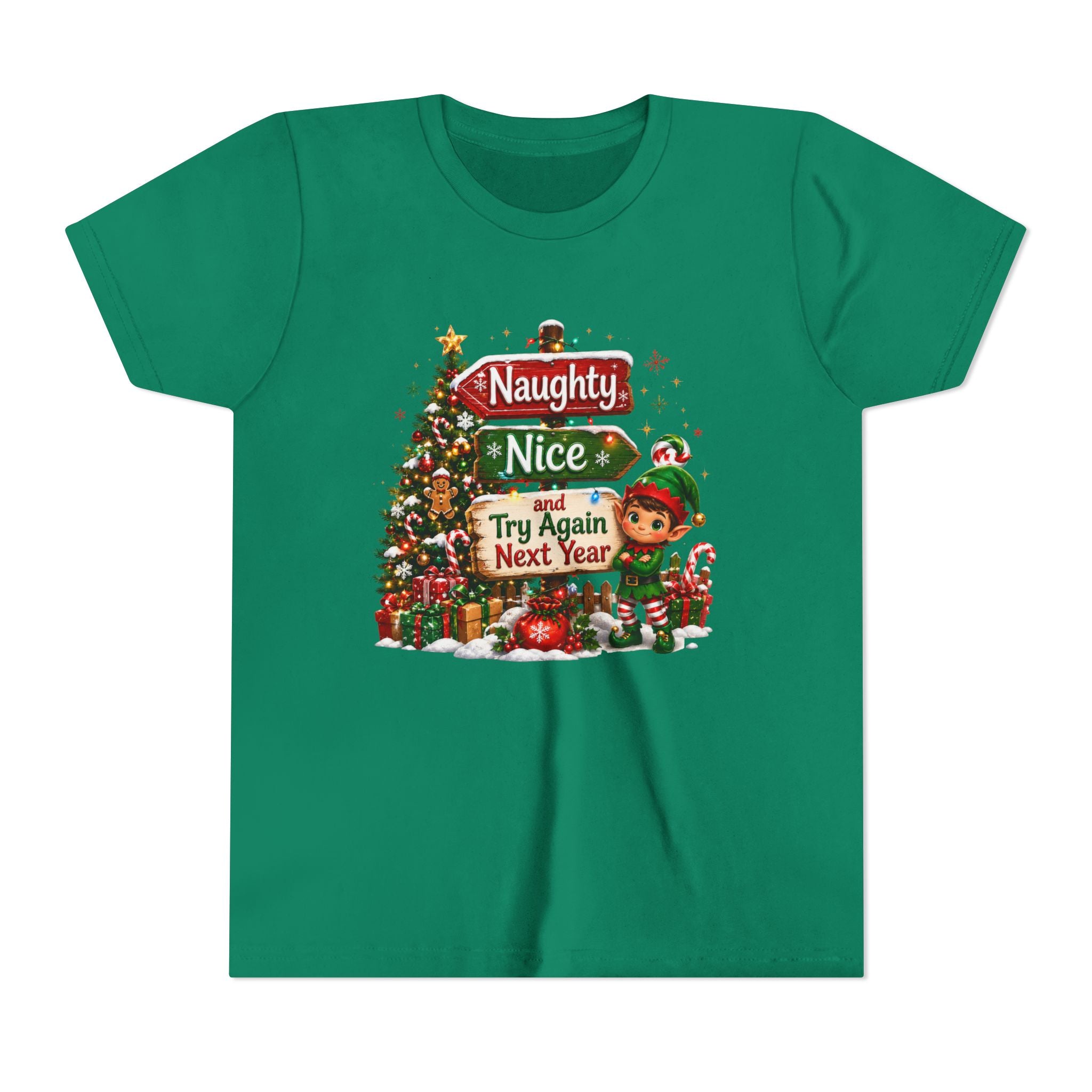 Naughty Nice Try Again Next Year Kids Shirt – Funny Elf Christmas Tee | Holiday Gift for Kids