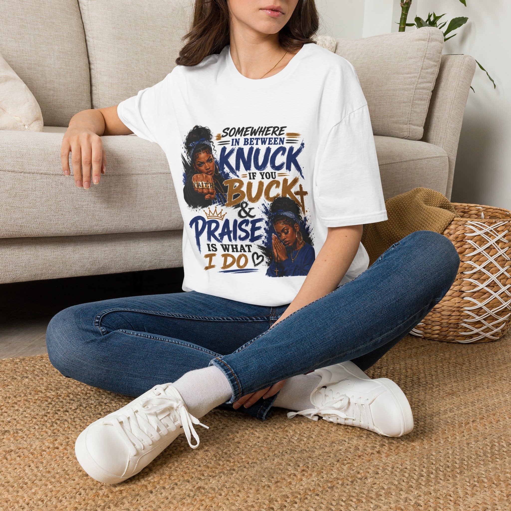 Knuck If You Buck T‑Shirt — “Somewhere In Between” Gospel‑Proud Graphic Tee