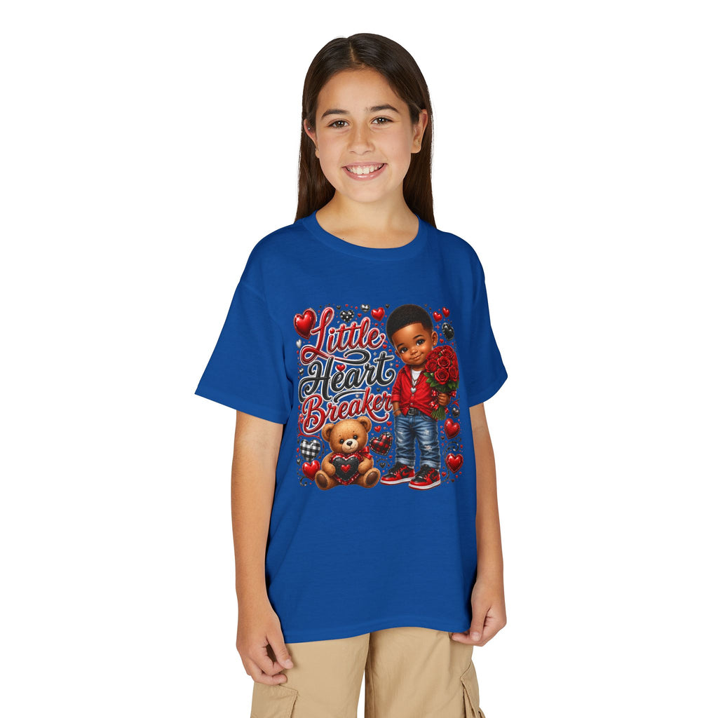 Little Heart Breaker Valentine's Day Youth T-Shirt – Cute Black Boy Roses & Teddy Bear Tee