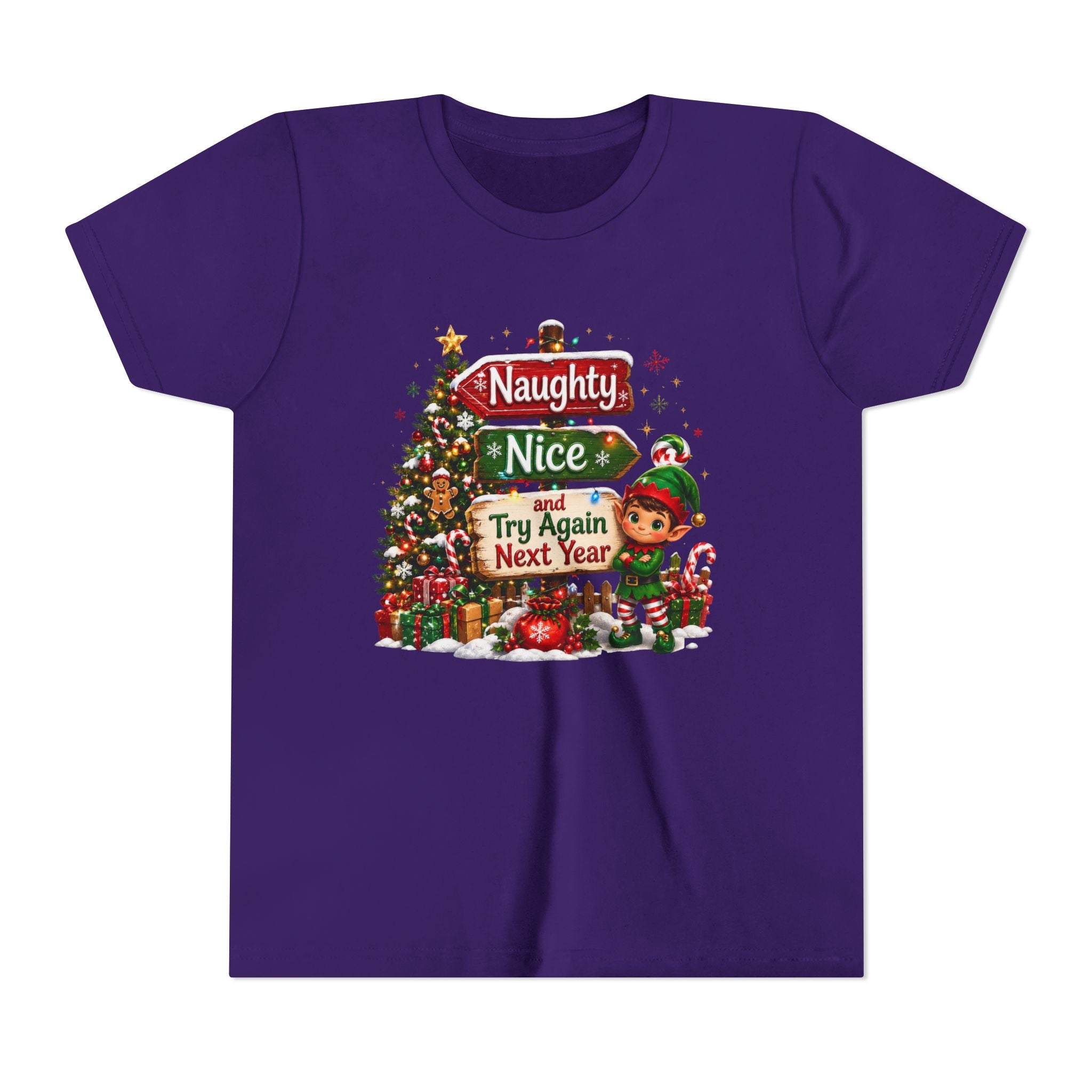 Naughty Nice Try Again Next Year Kids Shirt – Funny Elf Christmas Tee | Holiday Gift for Kids