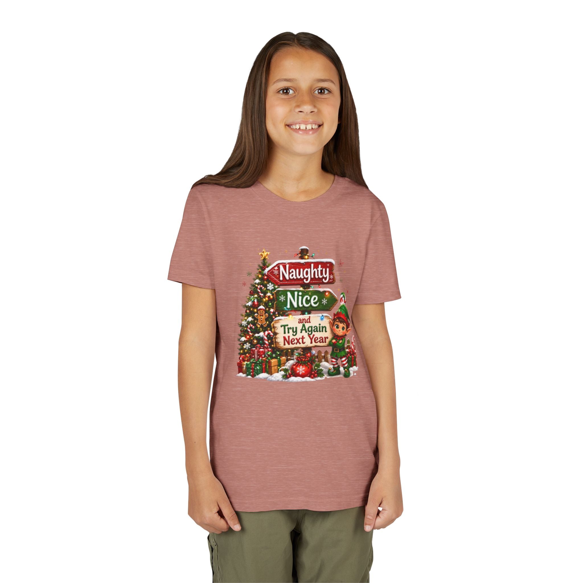Naughty Nice Try Again Next Year Kids Shirt – Funny Elf Christmas Tee | Holiday Gift for Kids