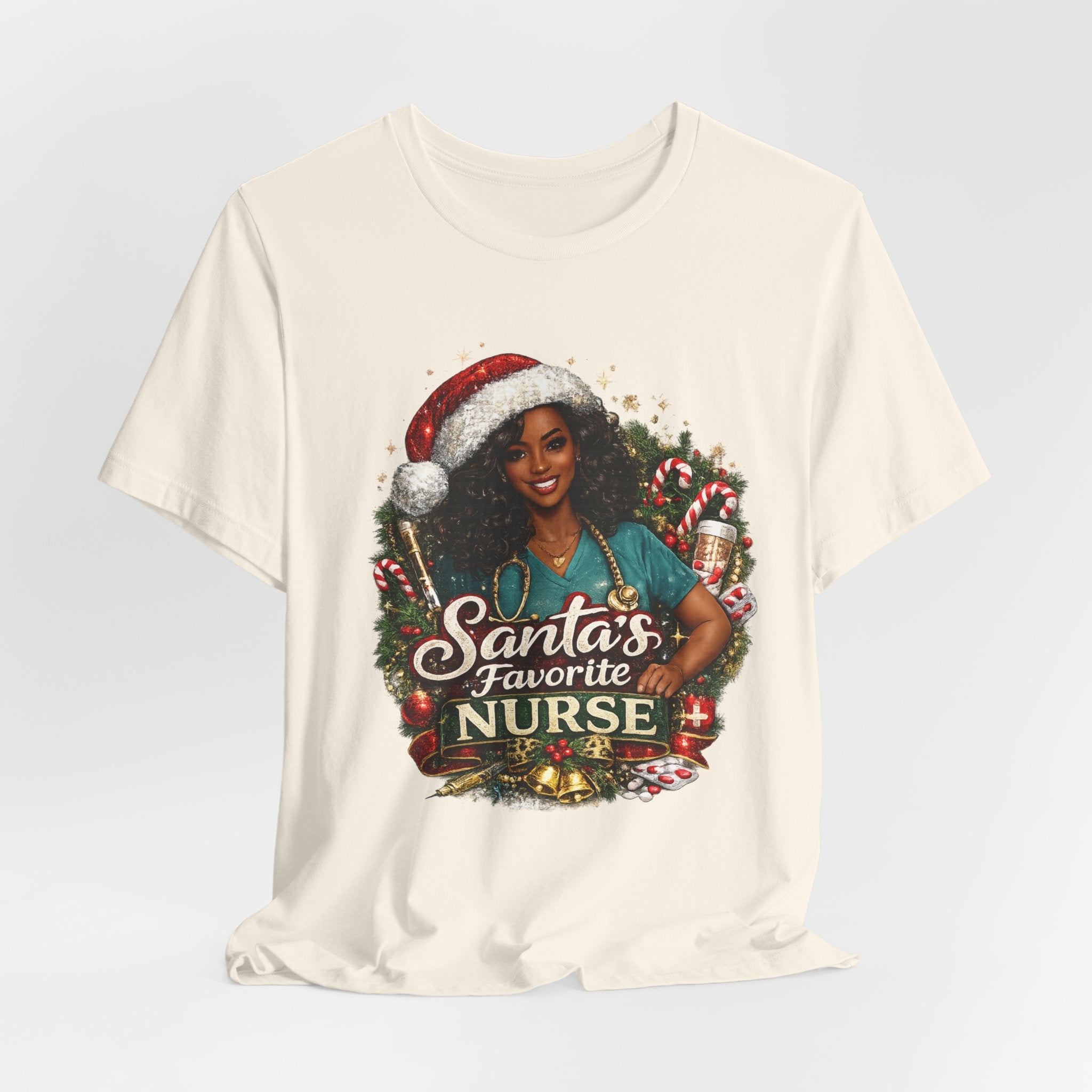 Santa's Favorite Nurse – Black Nurse Christmas T-Shirt