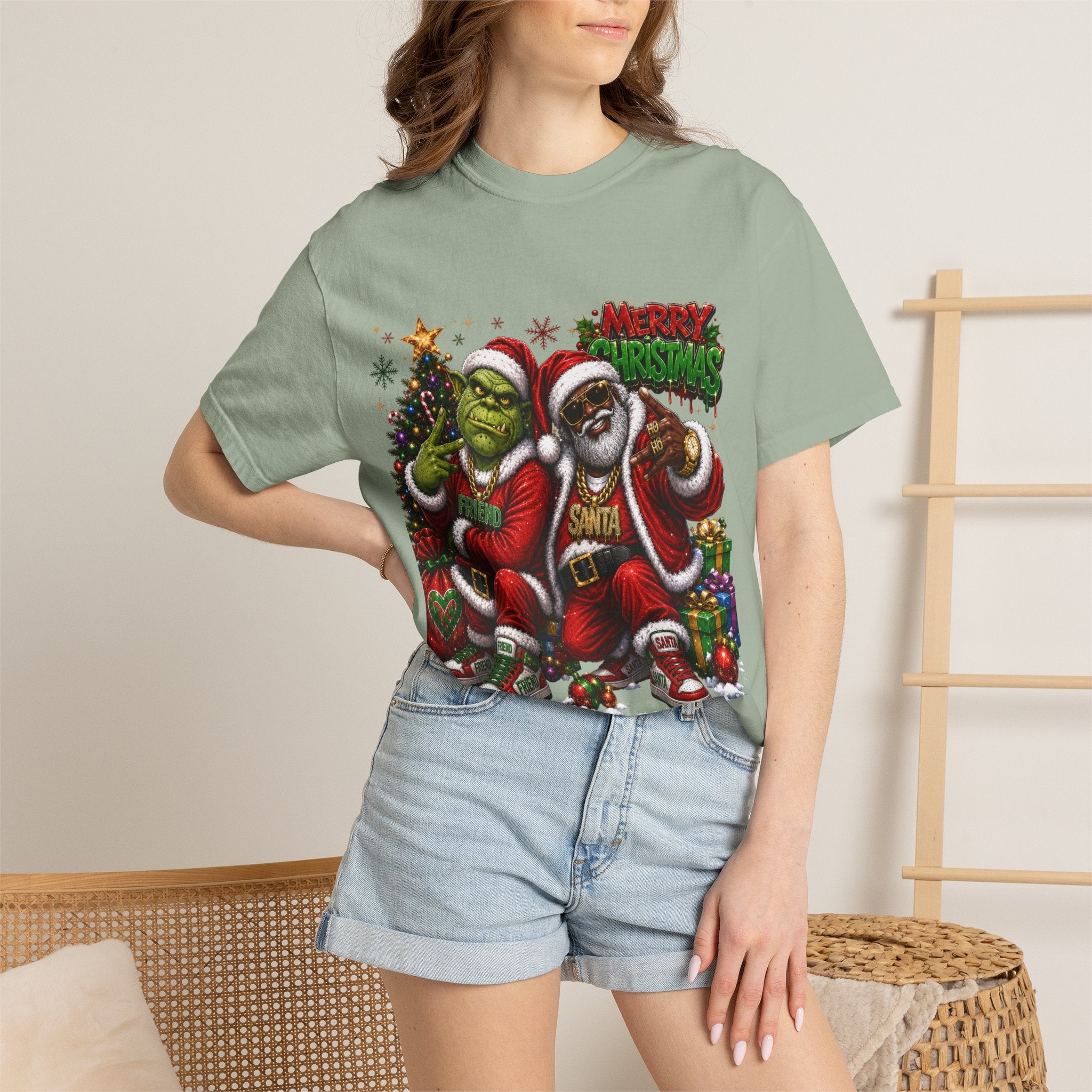 Santa and Friend Merry Christmas Shirt – Hip Hop Holiday Tee | Funny Christmas Gift