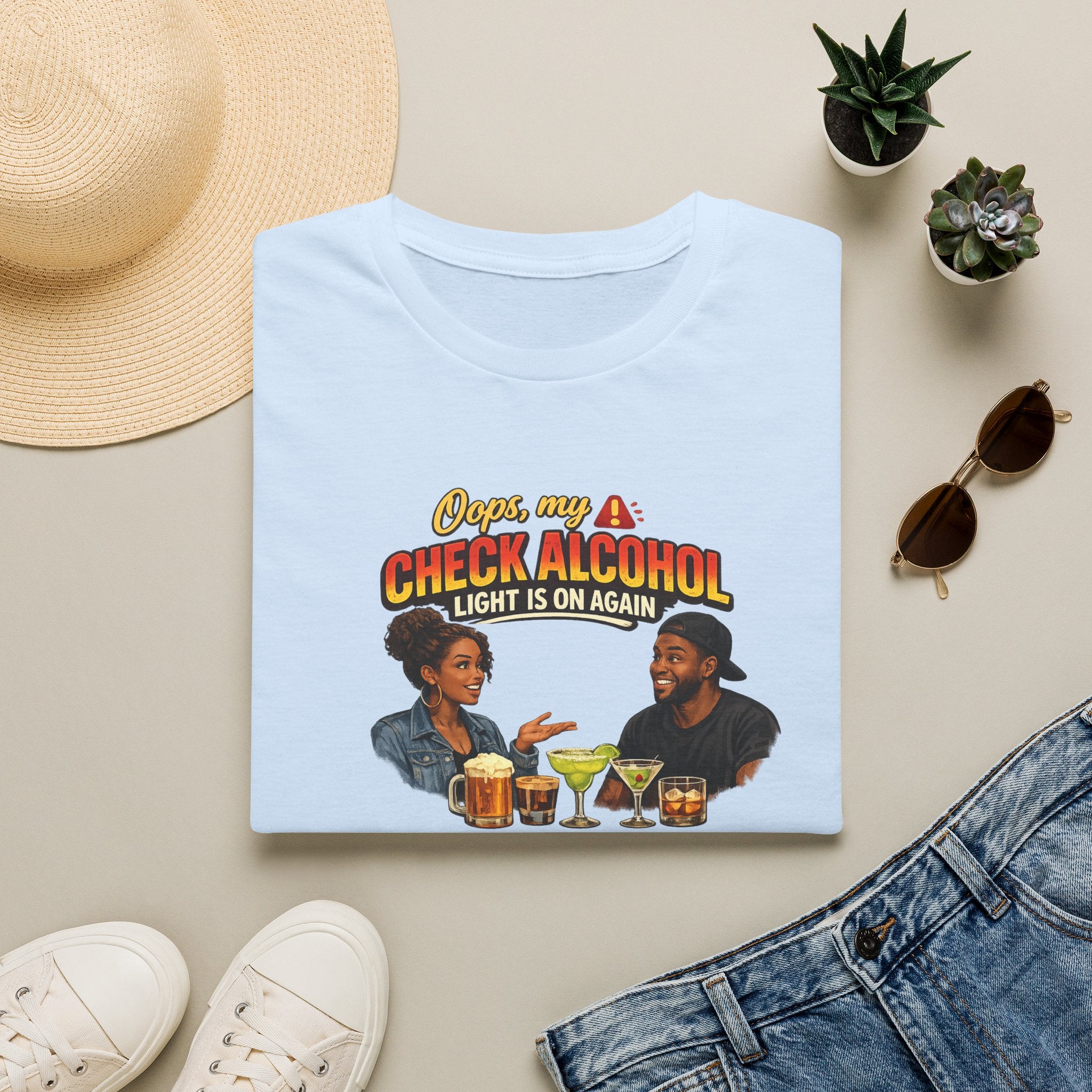 Oops My Check Alcohol Light Is On Again T-Shirt | Funny Drinking Shirt | Day Party Graphic Tee