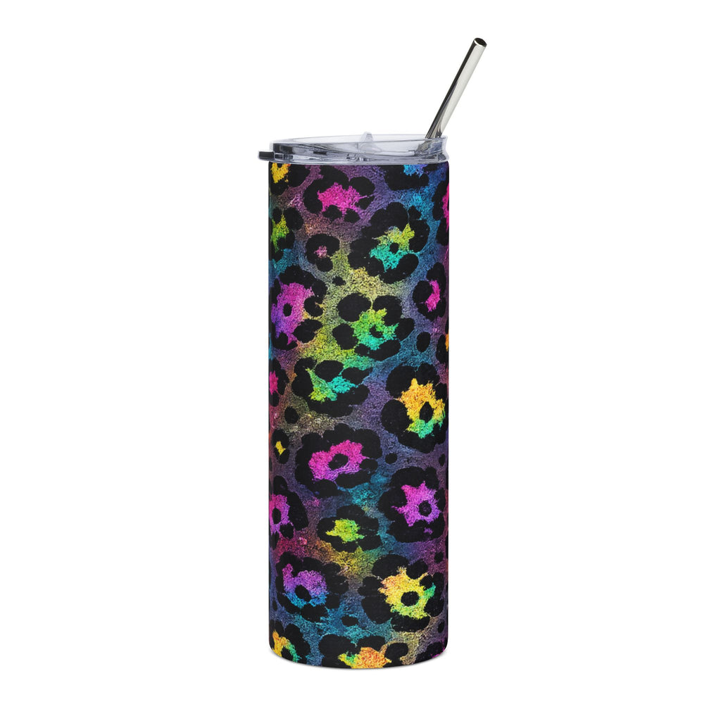 Rainbow Leopard Print Skinny Tumbler | Neon Cheetah Glitter Insulated Cup with Straw