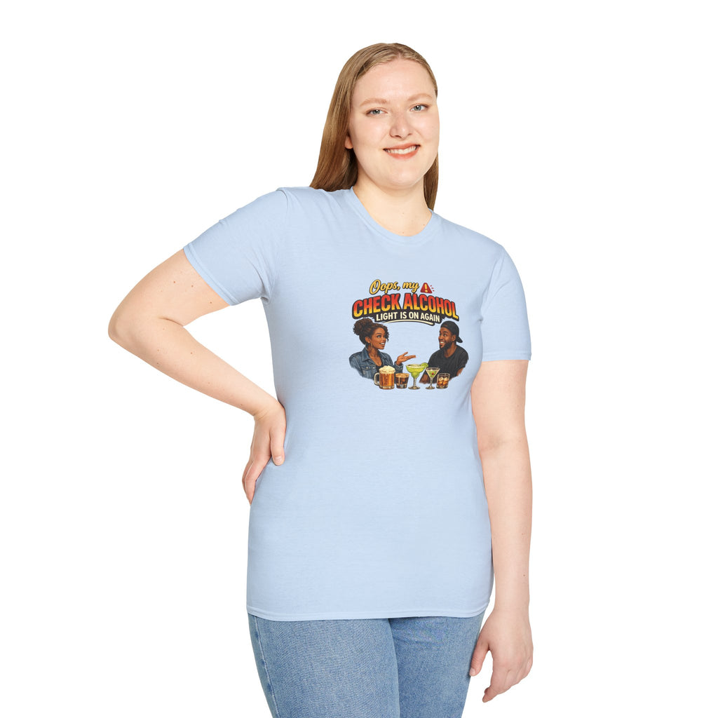 Oops My Check Alcohol Light Is On Again T-Shirt | Funny Drinking Shirt | Day Party Graphic Tee