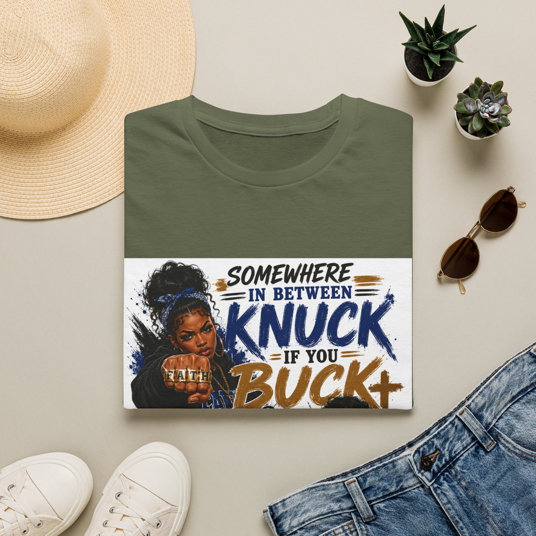 Knuck If You Buck T‑Shirt — “Somewhere In Between” Gospel‑Proud Graphic Tee