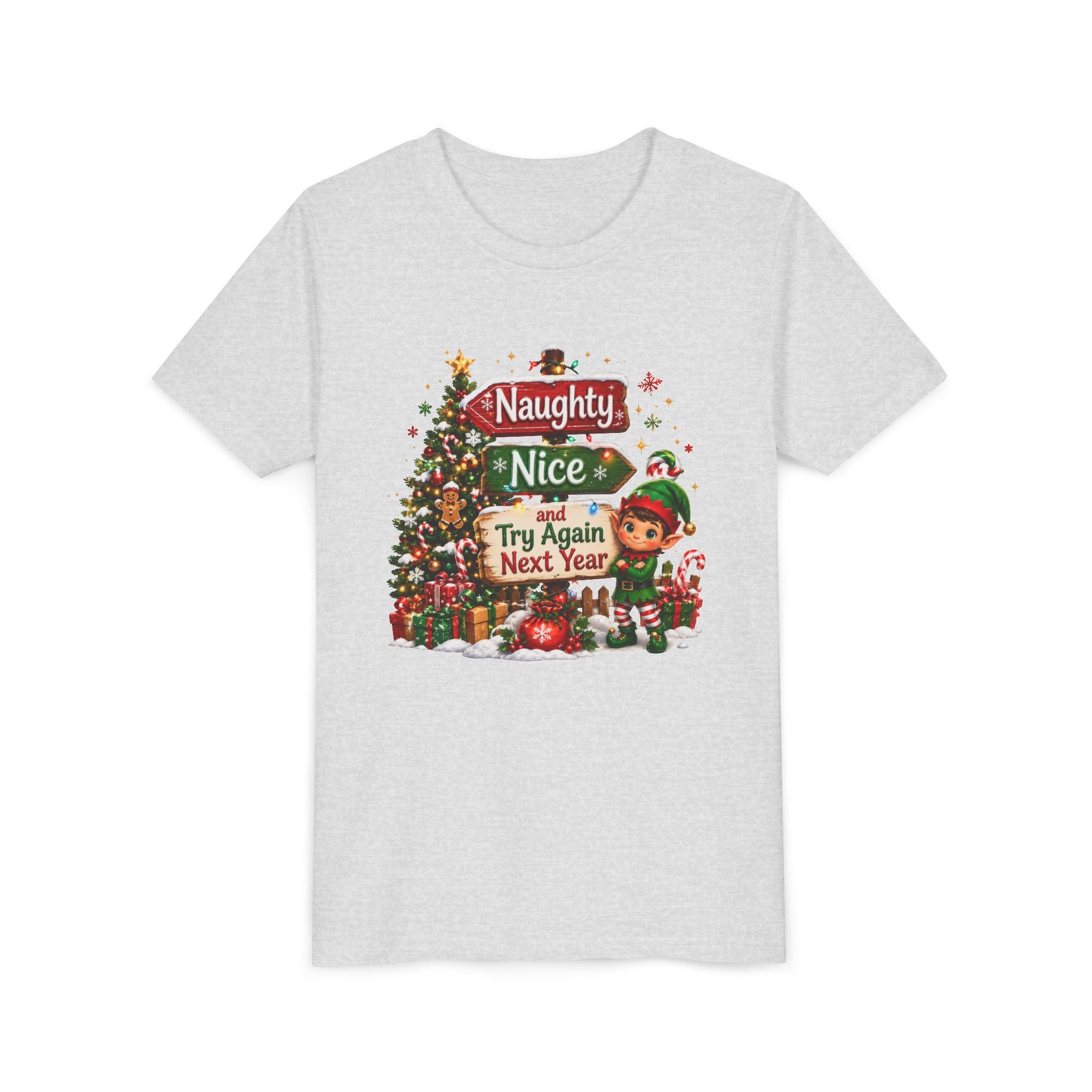 Naughty Nice Try Again Next Year Kids Shirt – Funny Elf Christmas Tee | Holiday Gift for Kids