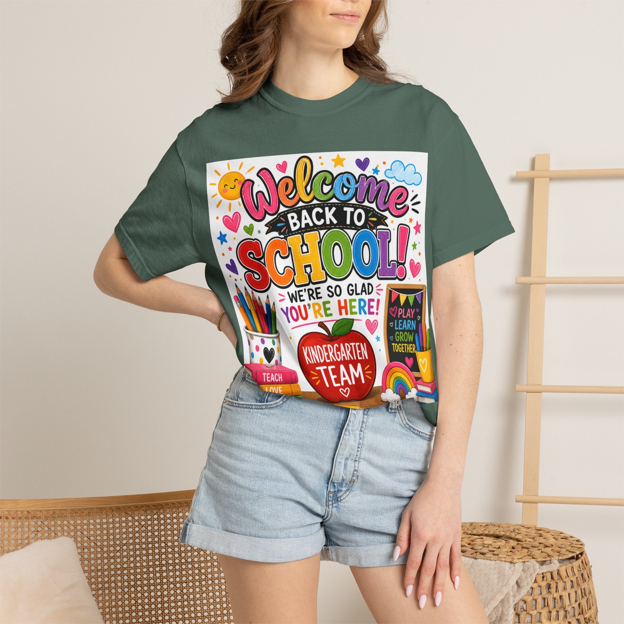 Welcome Back to School T-Shirt — Kindergarten Team Teacher Shirt (We’re So Glad You’re Here)