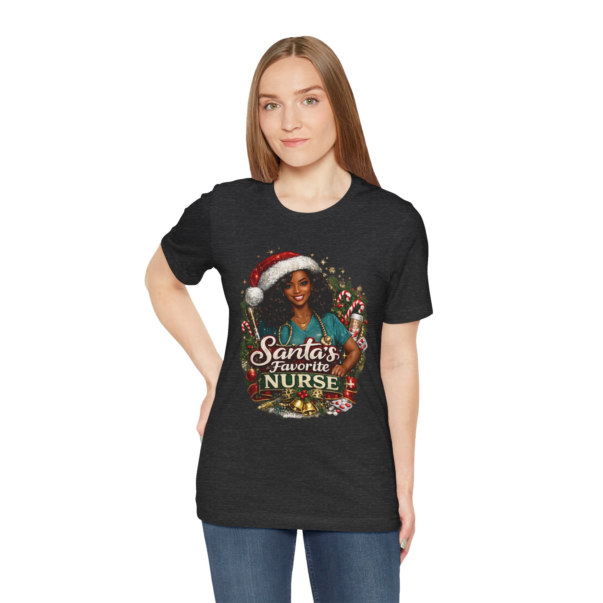 Santa's Favorite Nurse – Black Nurse Christmas T-Shirt