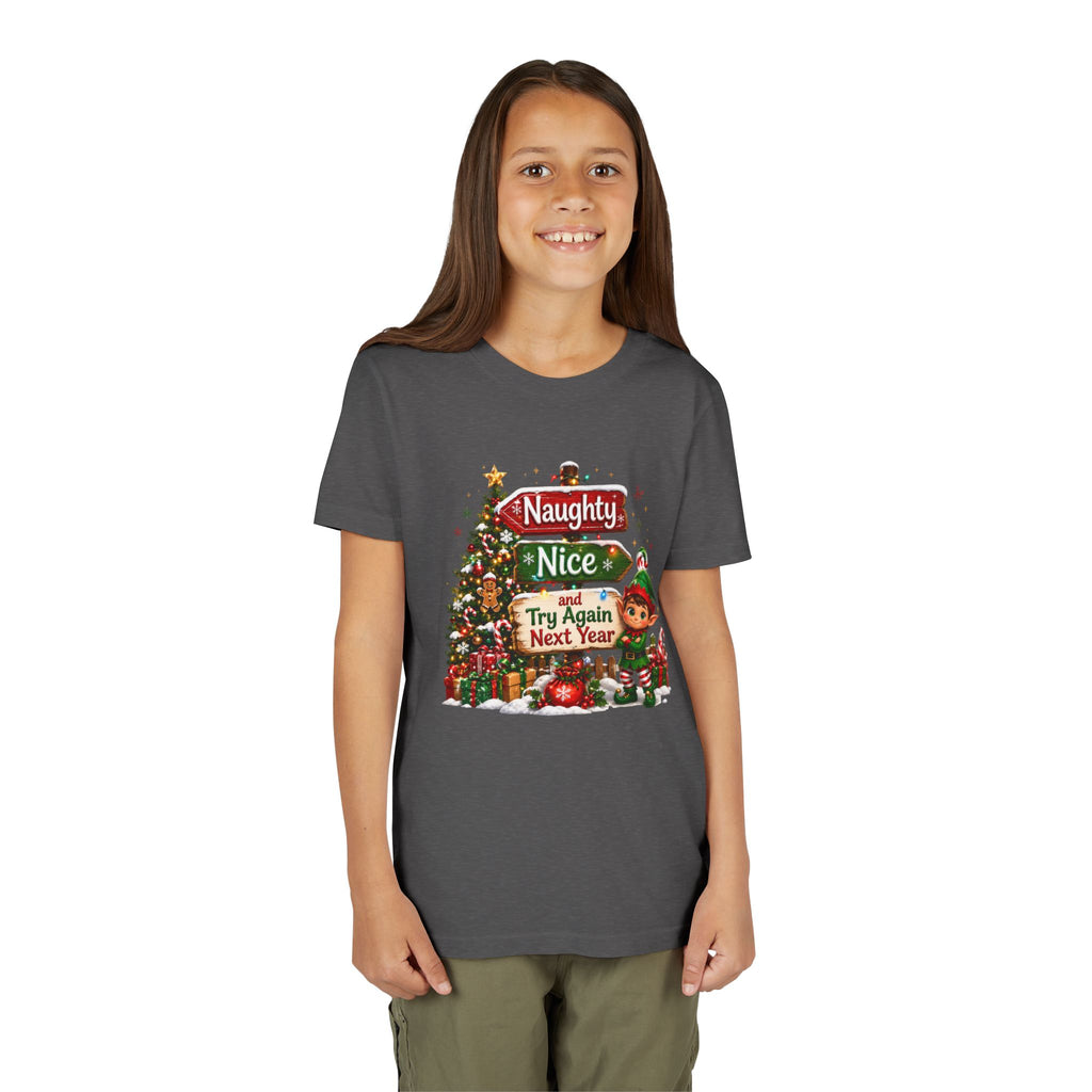Naughty Nice Try Again Next Year Kids Shirt – Funny Elf Christmas Tee | Holiday Gift for Kids