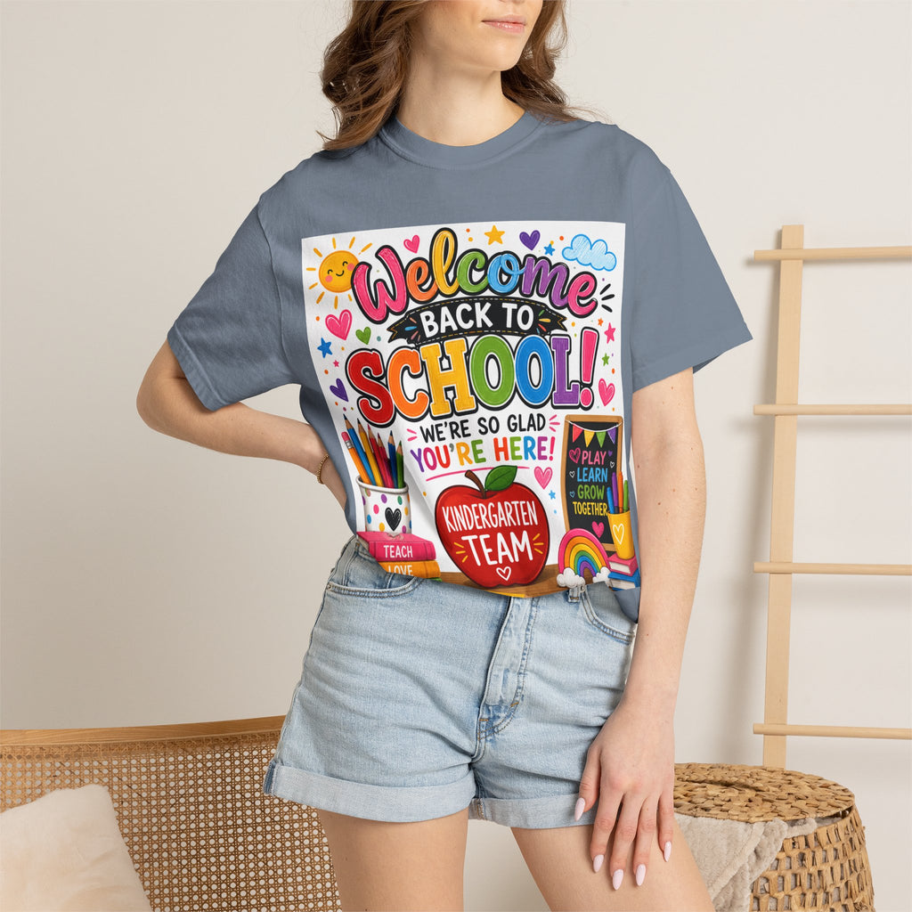 Welcome Back to School T-Shirt — Kindergarten Team Teacher Shirt (We’re So Glad You’re Here)