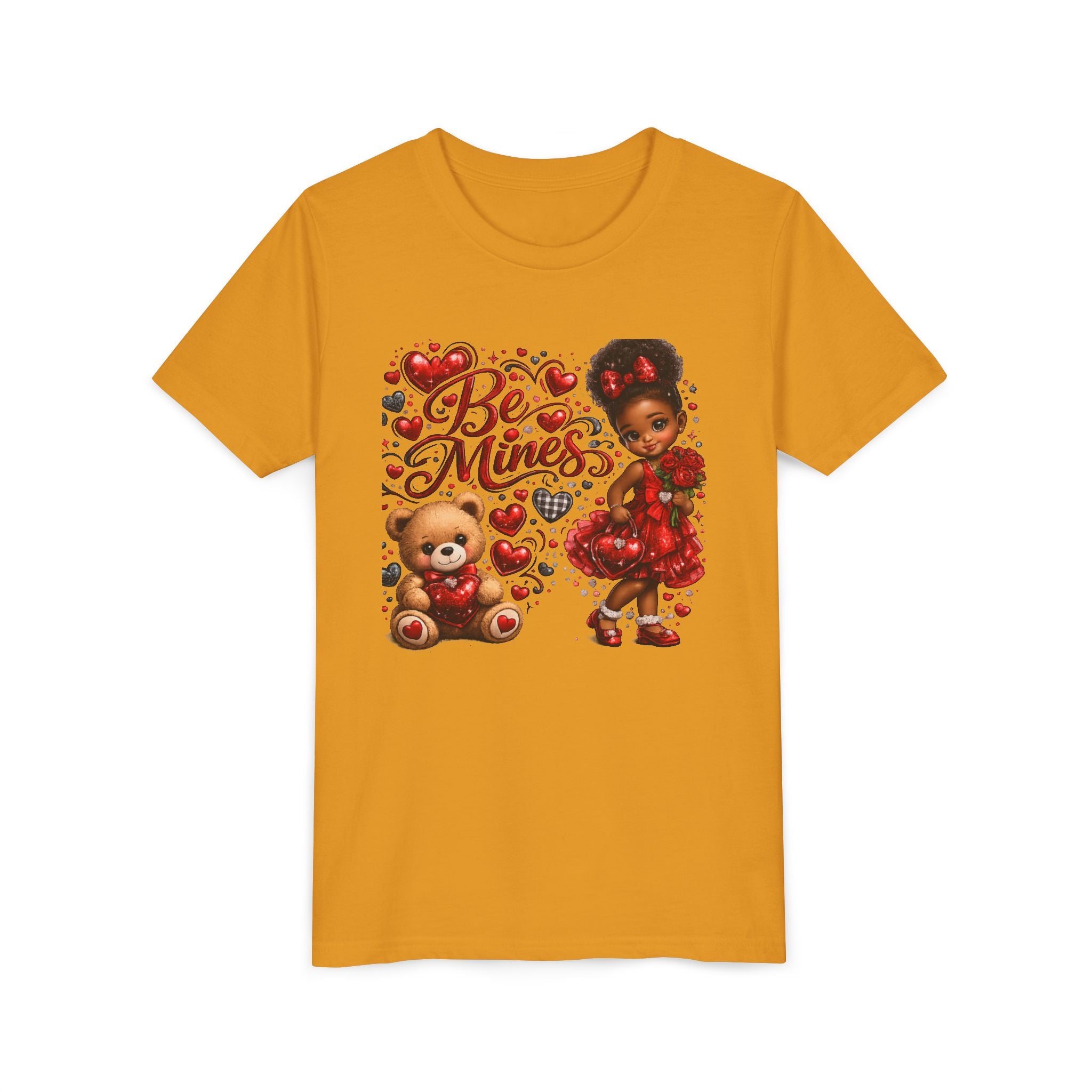 Be Mine Valentine's Day Youth T-Shirt – Cute Black Girl Teddy Bear Tee