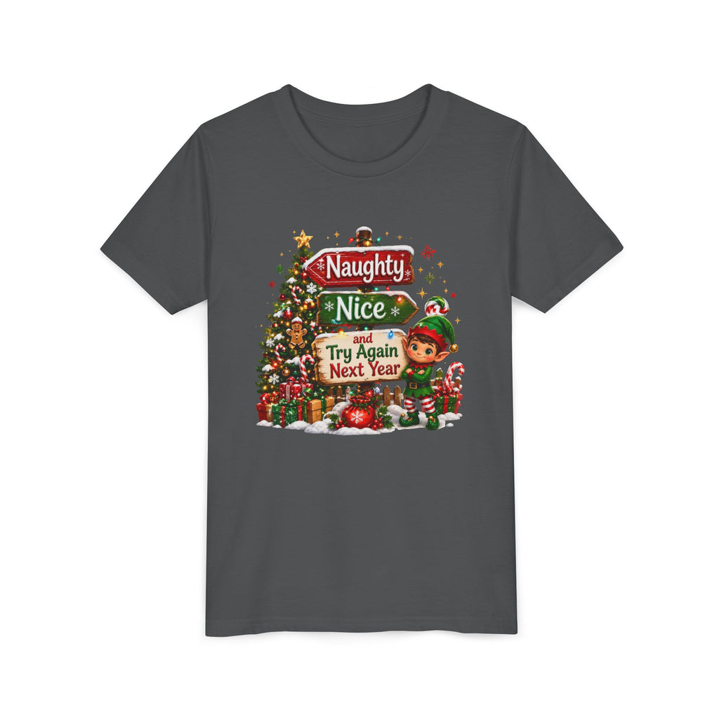 Naughty Nice Try Again Next Year Kids Shirt – Funny Elf Christmas Tee | Holiday Gift for Kids