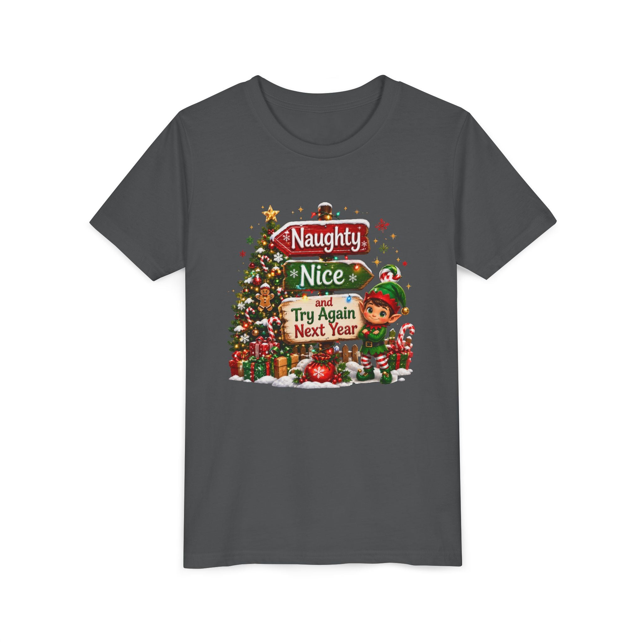 Naughty Nice Try Again Next Year Kids Shirt – Funny Elf Christmas Tee | Holiday Gift for Kids