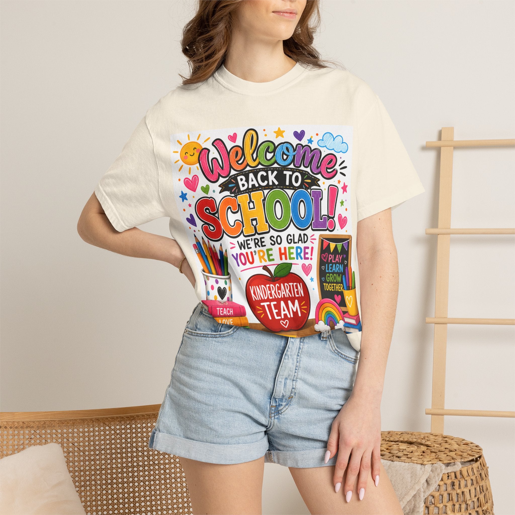 Welcome Back to School T-Shirt — Kindergarten Team Teacher Shirt (We’re So Glad You’re Here)