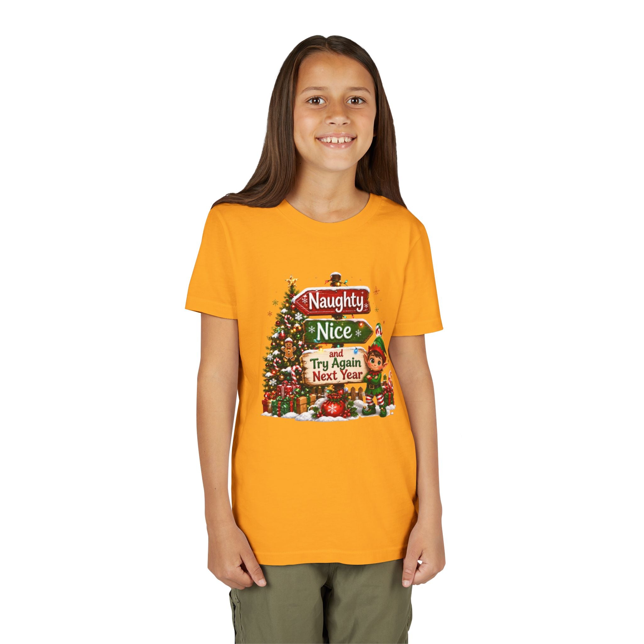 Naughty Nice Try Again Next Year Kids Shirt – Funny Elf Christmas Tee | Holiday Gift for Kids