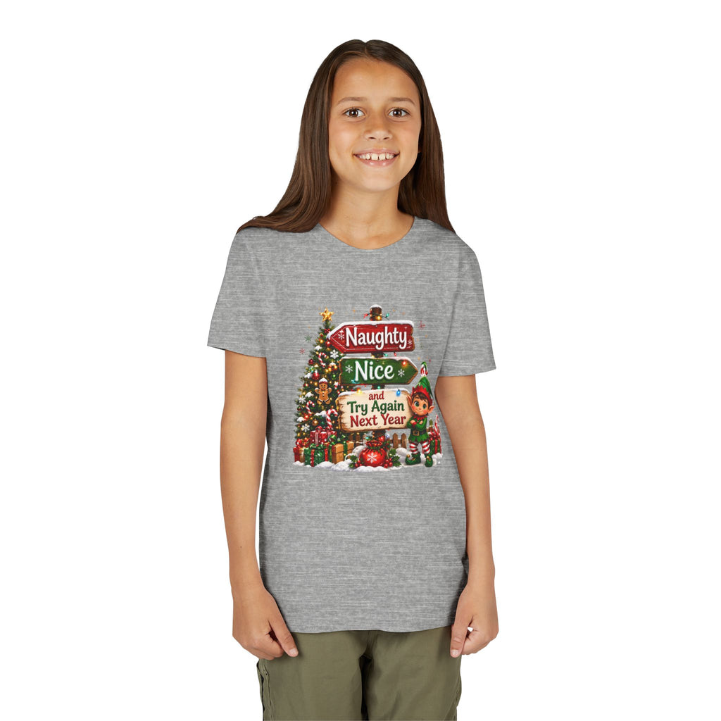 Naughty Nice Try Again Next Year Kids Shirt – Funny Elf Christmas Tee | Holiday Gift for Kids