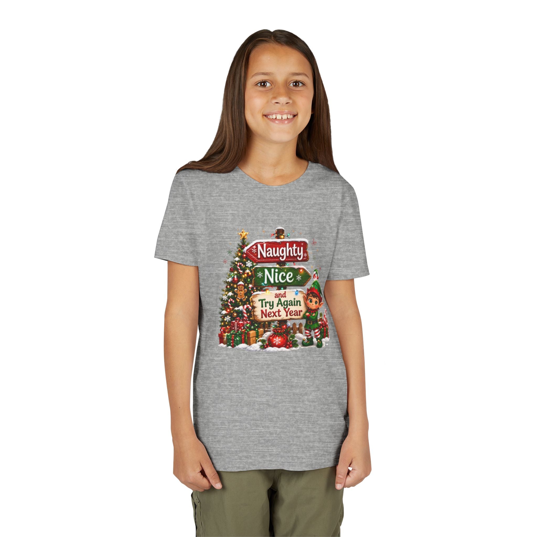 Naughty Nice Try Again Next Year Kids Shirt – Funny Elf Christmas Tee | Holiday Gift for Kids
