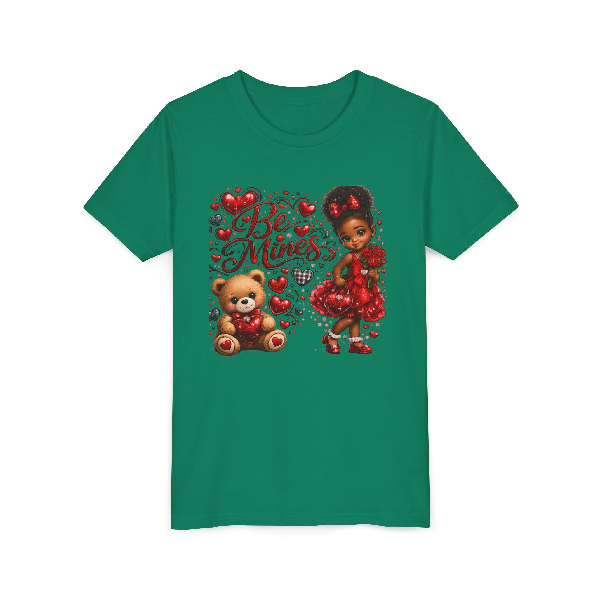 Be Mine Valentine's Day Youth T-Shirt – Cute Black Girl Teddy Bear Tee