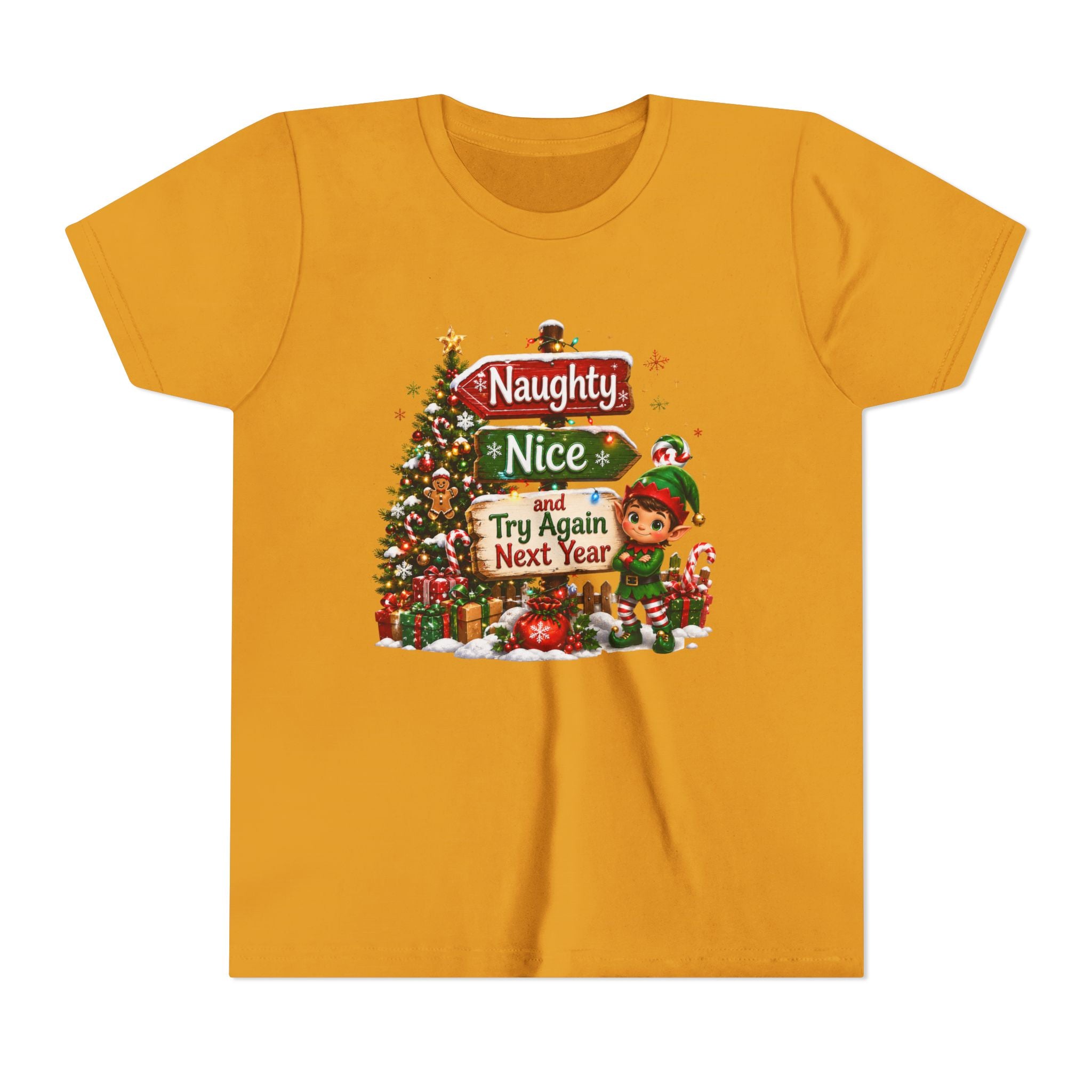 Naughty Nice Try Again Next Year Kids Shirt – Funny Elf Christmas Tee | Holiday Gift for Kids