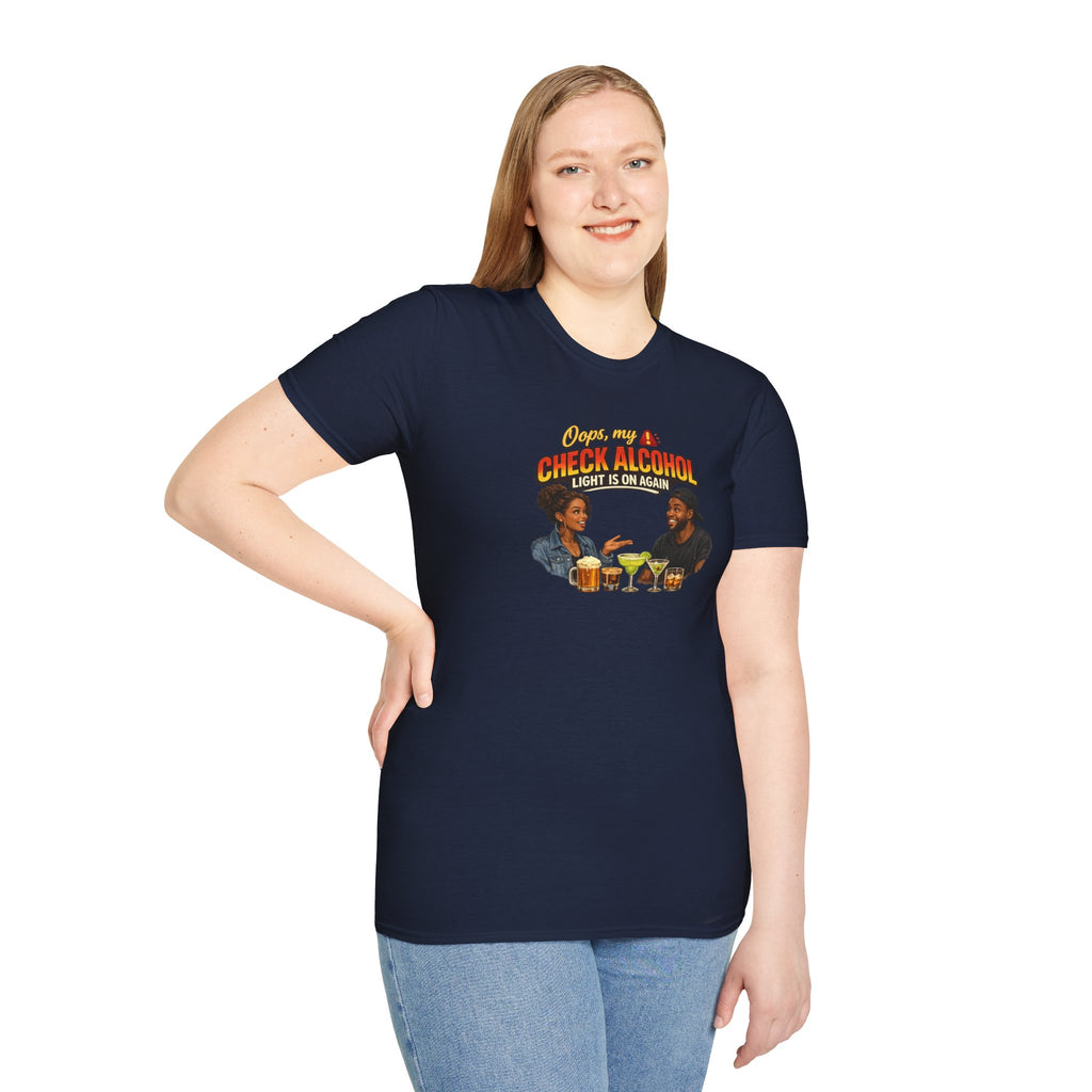 Oops My Check Alcohol Light Is On Again T-Shirt | Funny Drinking Shirt | Day Party Graphic Tee
