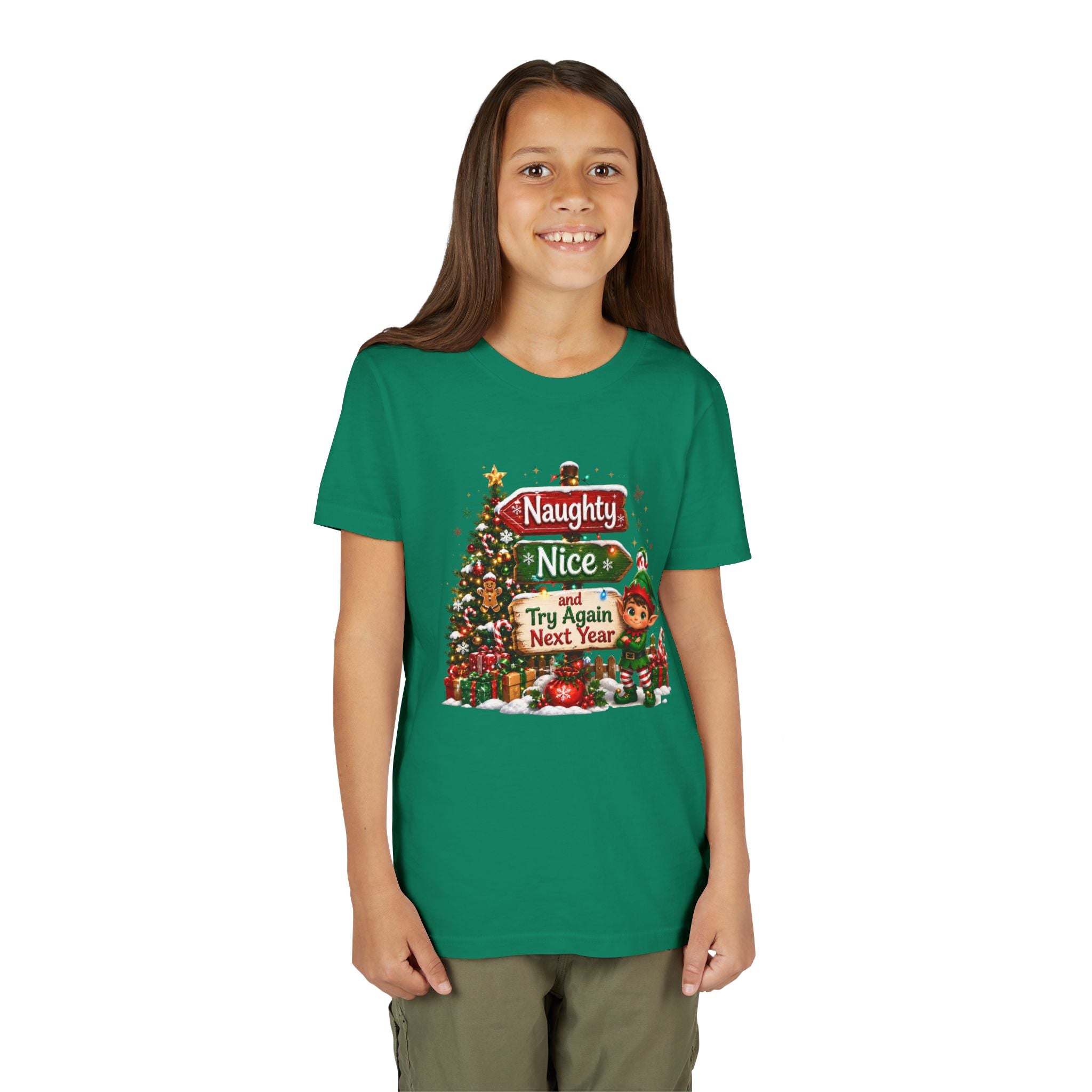 Naughty Nice Try Again Next Year Kids Shirt – Funny Elf Christmas Tee | Holiday Gift for Kids