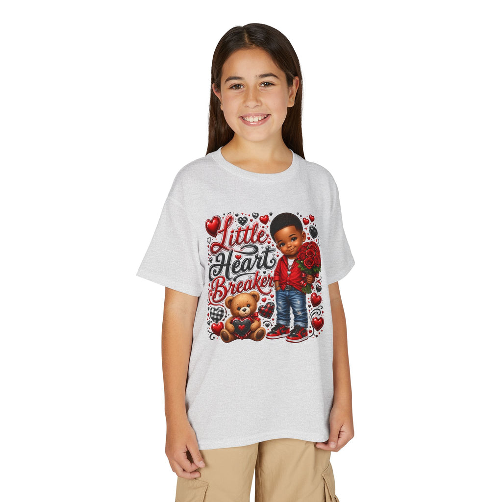Little Heart Breaker Valentine's Day Youth T-Shirt – Cute Black Boy Roses & Teddy Bear Tee