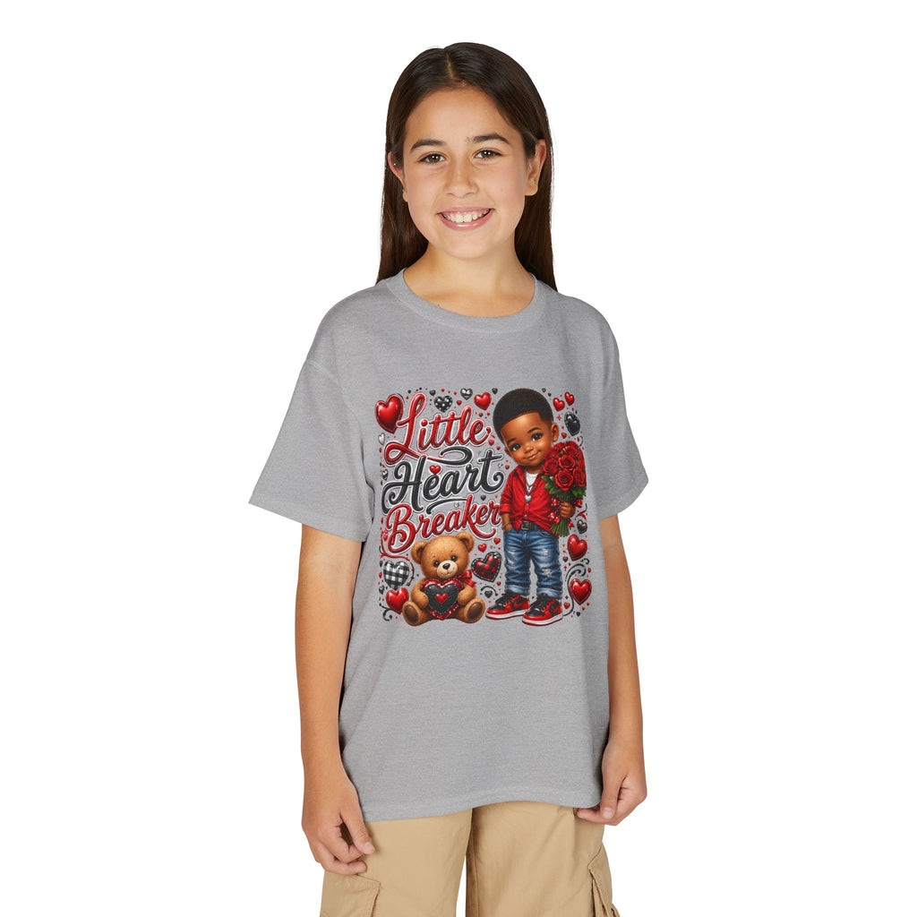 Little Heart Breaker Valentine's Day Youth T-Shirt – Cute Black Boy Roses & Teddy Bear Tee
