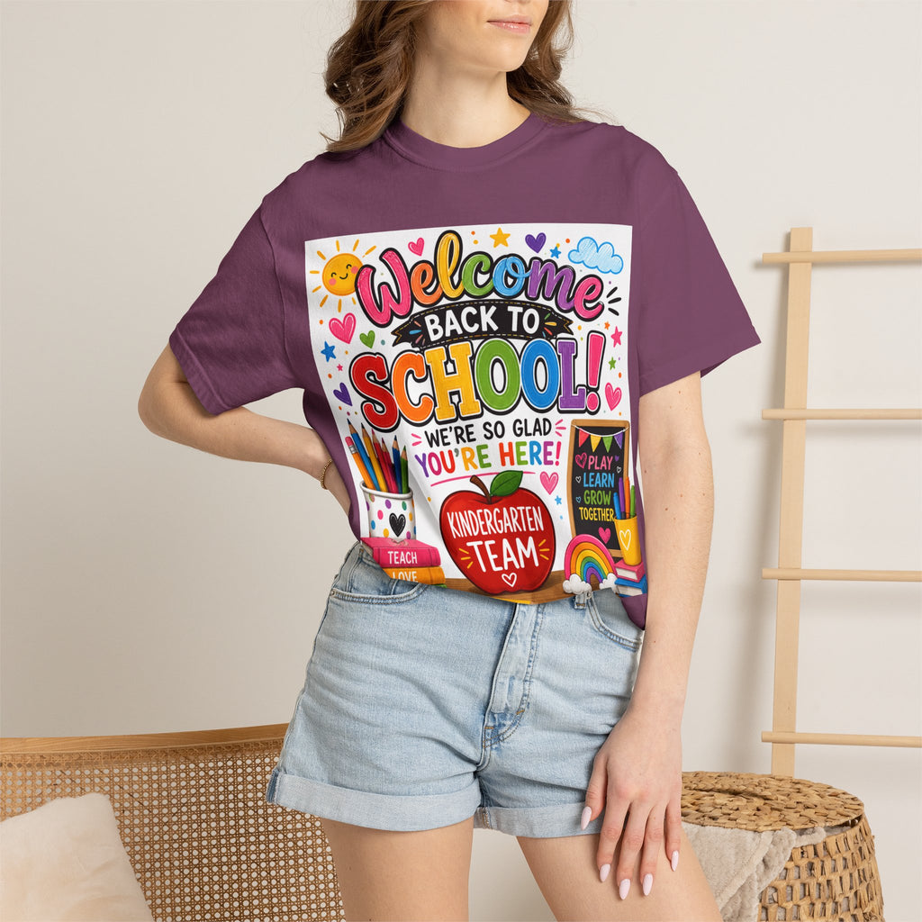 Welcome Back to School T-Shirt — Kindergarten Team Teacher Shirt (We’re So Glad You’re Here)
