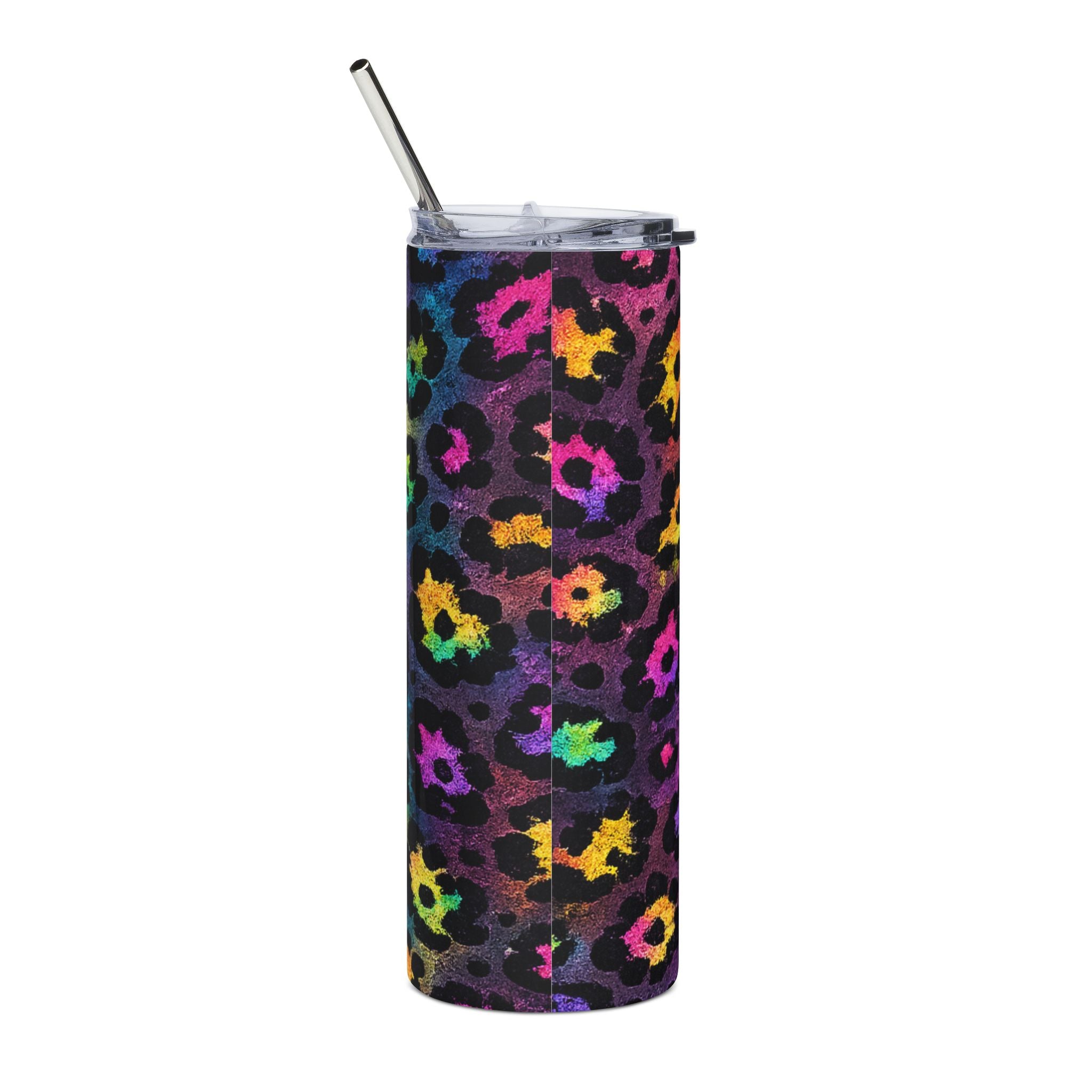 Rainbow Leopard Print Skinny Tumbler | Neon Cheetah Glitter Insulated Cup with Straw