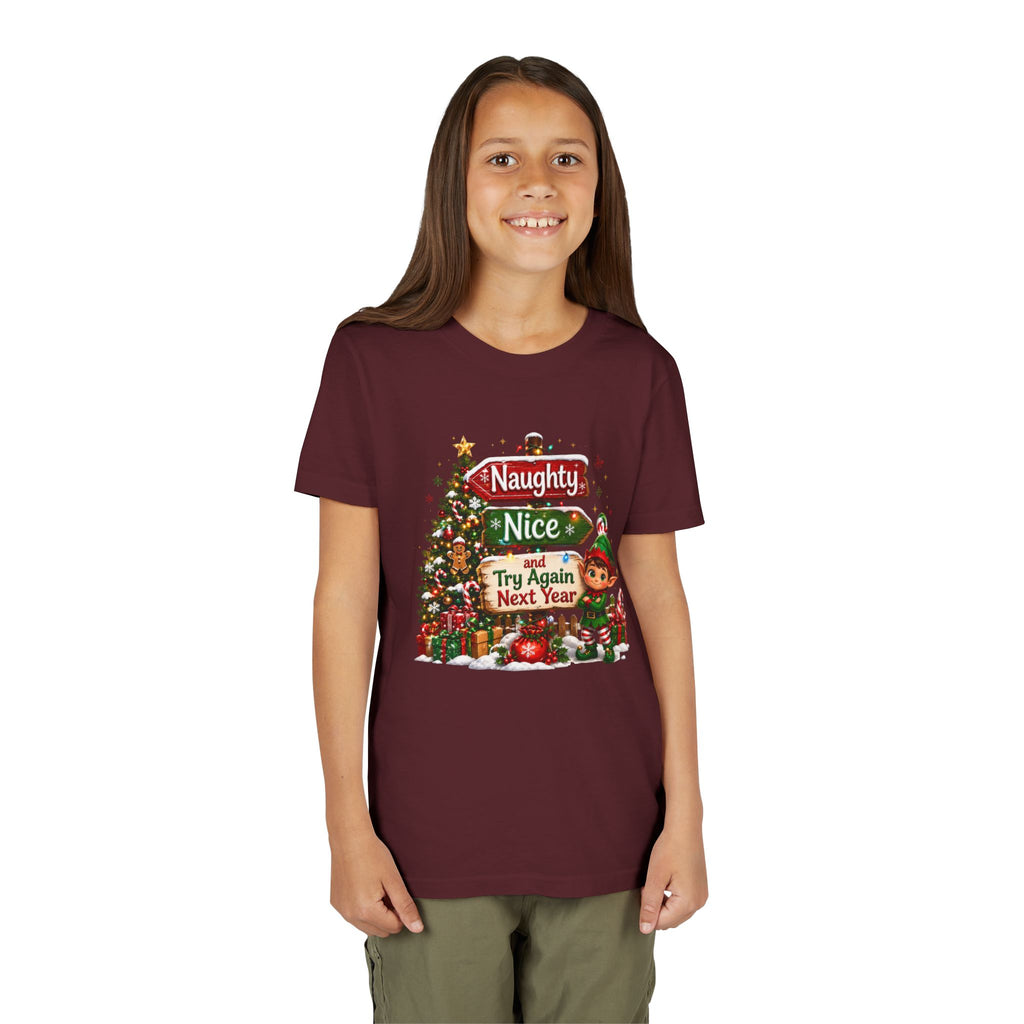 Naughty Nice Try Again Next Year Kids Shirt – Funny Elf Christmas Tee | Holiday Gift for Kids