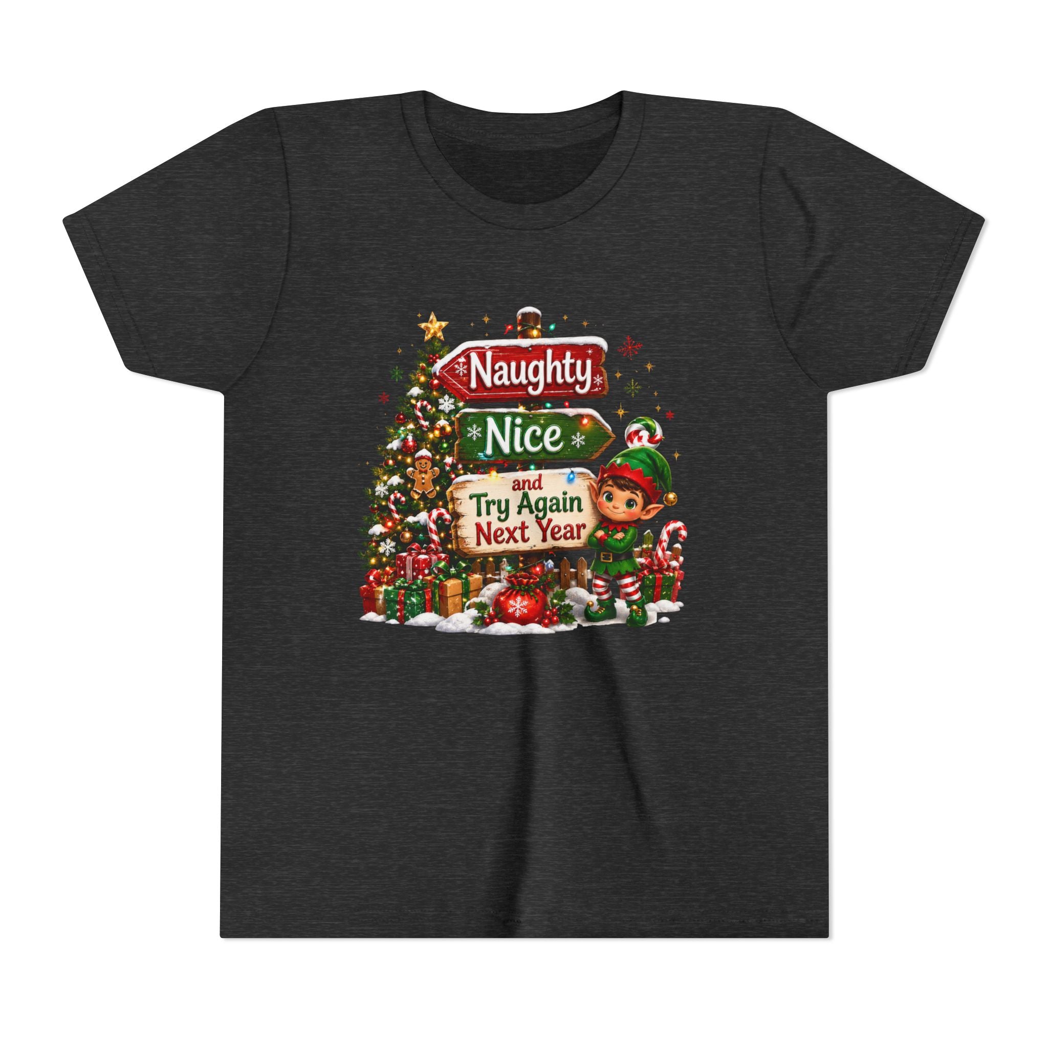 Naughty Nice Try Again Next Year Kids Shirt – Funny Elf Christmas Tee | Holiday Gift for Kids