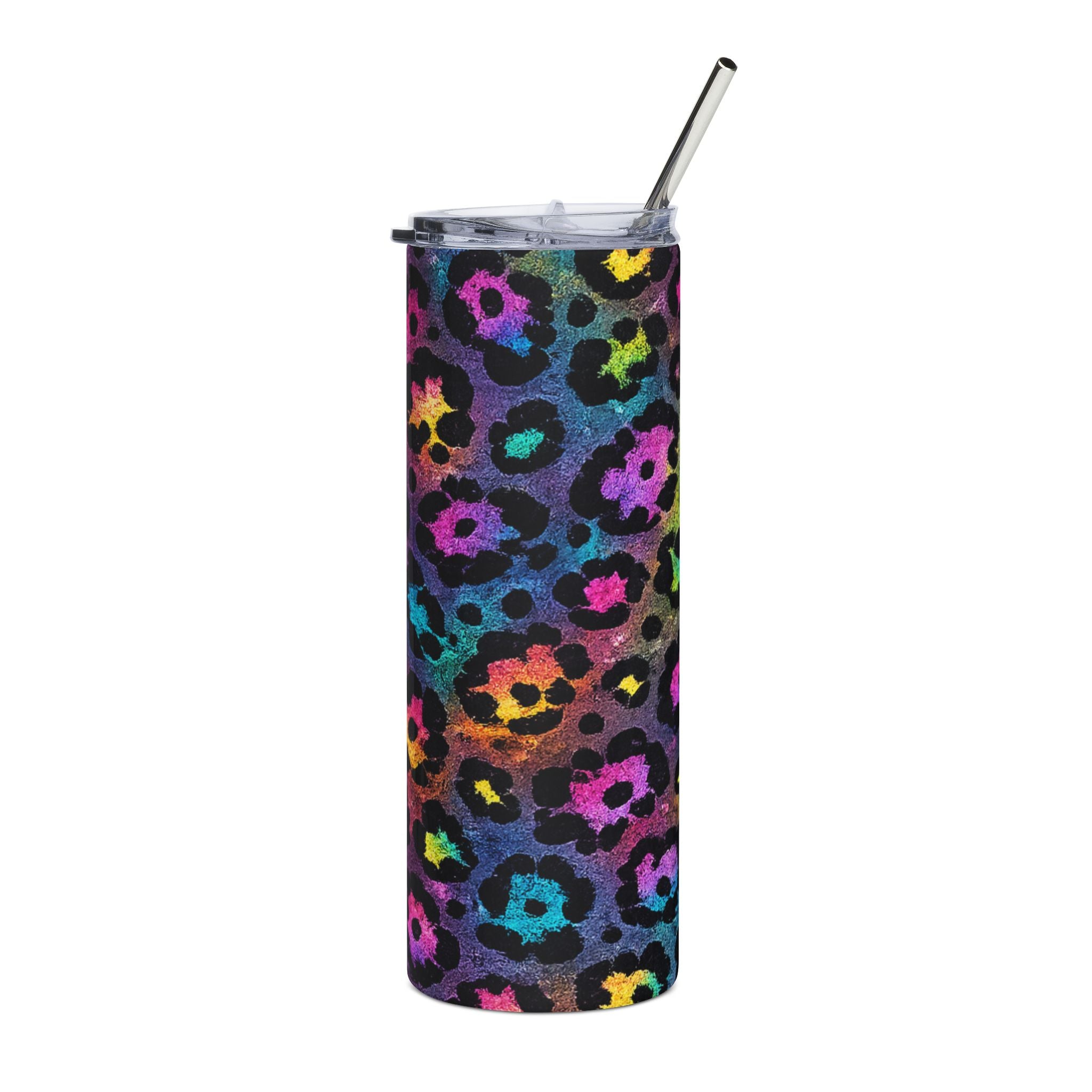 Rainbow Leopard Print Skinny Tumbler | Neon Cheetah Glitter Insulated Cup with Straw