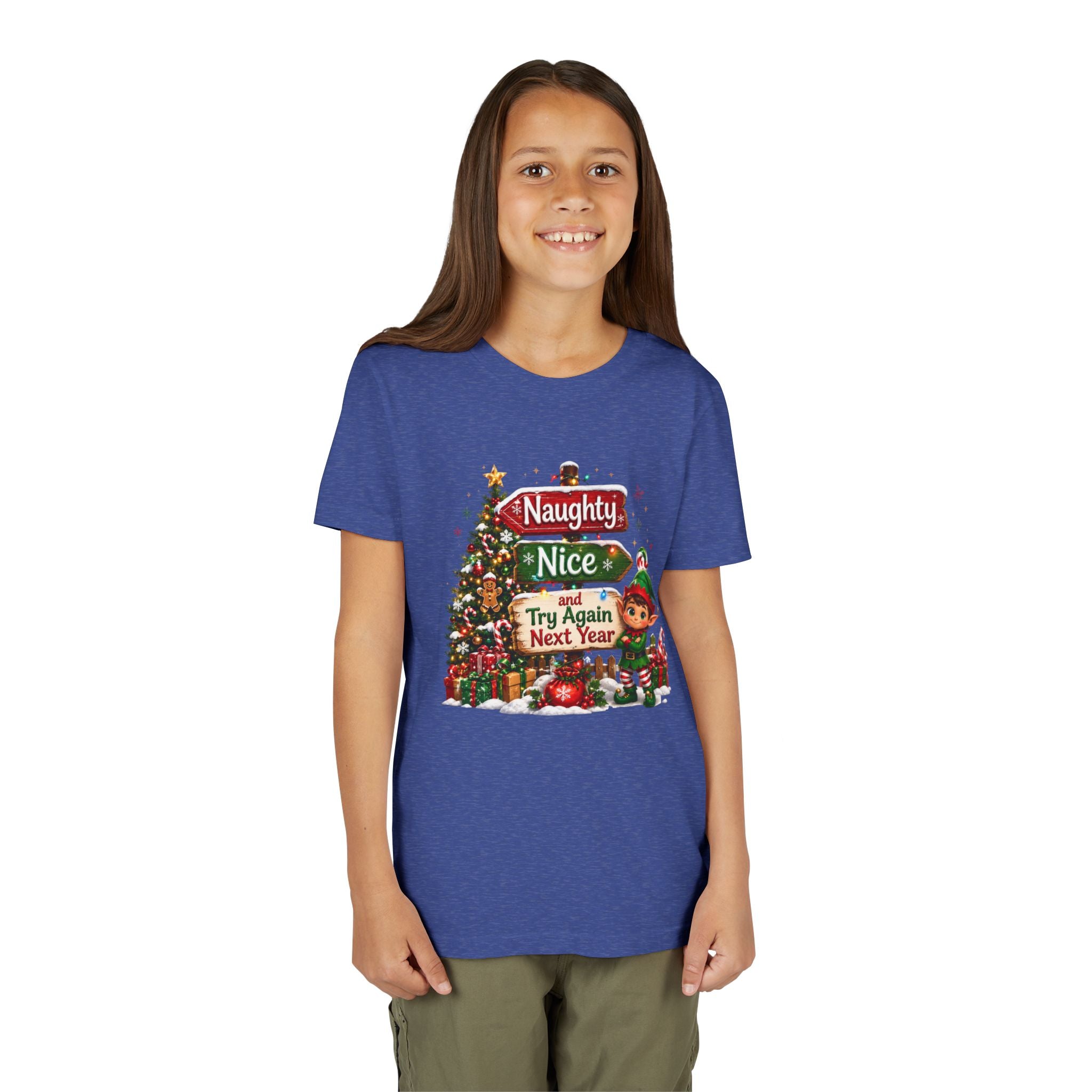 Naughty Nice Try Again Next Year Kids Shirt – Funny Elf Christmas Tee | Holiday Gift for Kids
