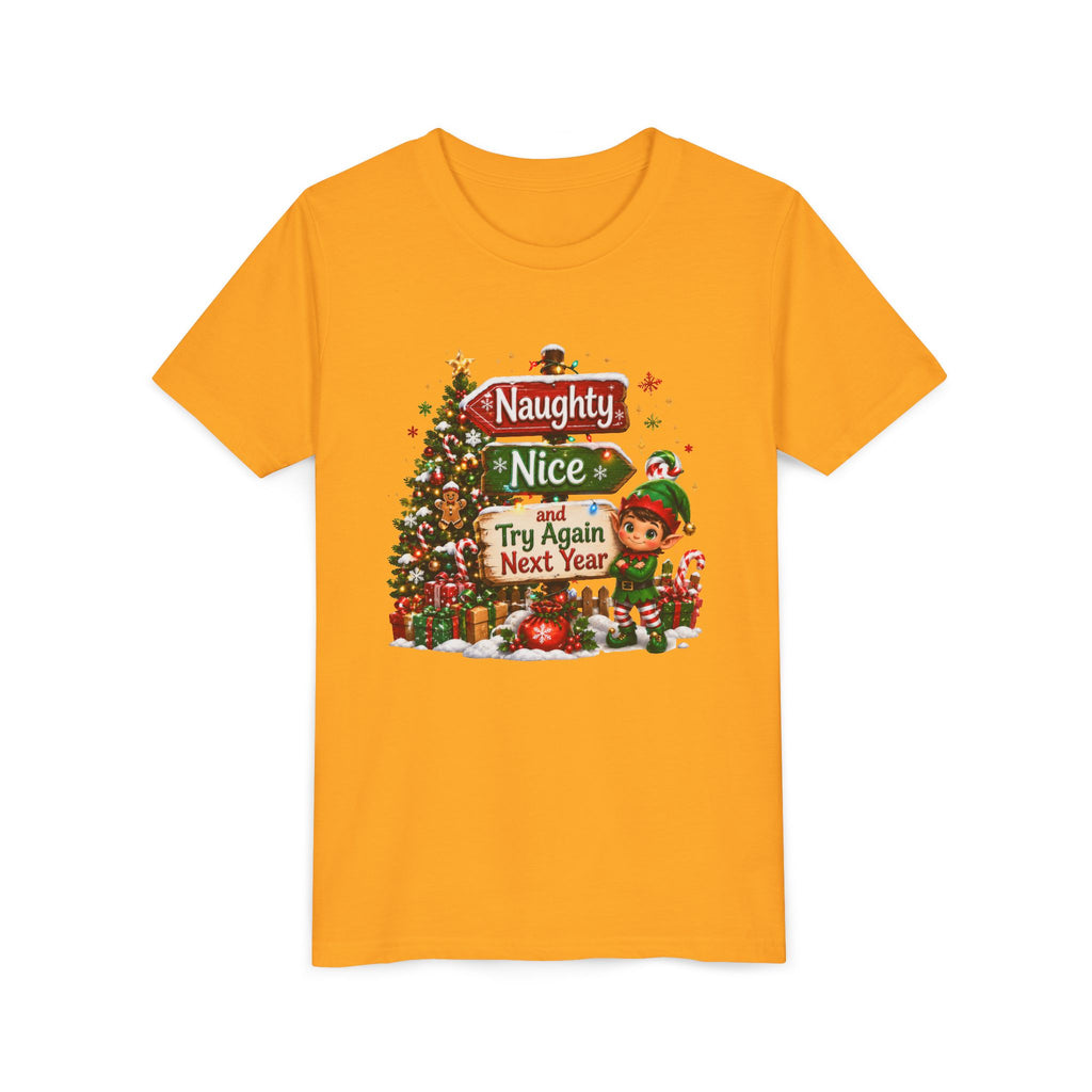 Naughty Nice Try Again Next Year Kids Shirt – Funny Elf Christmas Tee | Holiday Gift for Kids