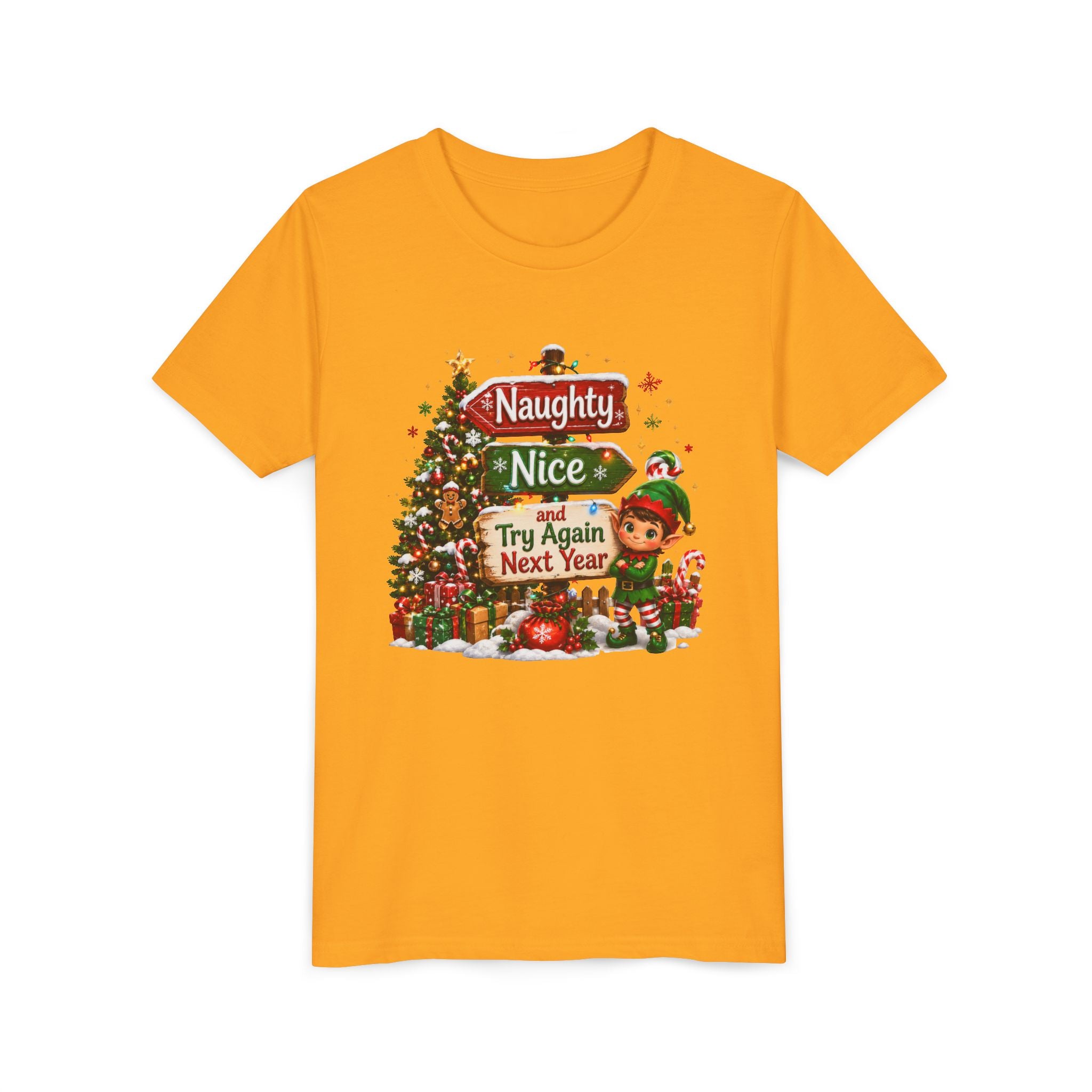 Naughty Nice Try Again Next Year Kids Shirt – Funny Elf Christmas Tee | Holiday Gift for Kids
