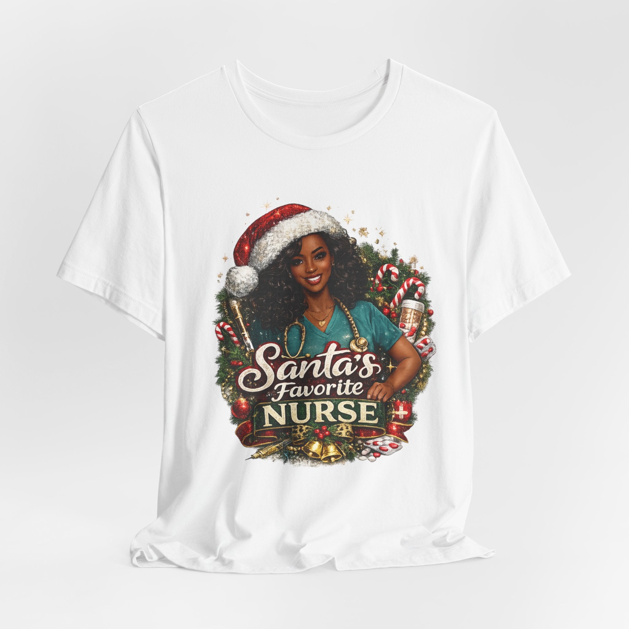 Santa's Favorite Nurse – Black Nurse Christmas T-Shirt