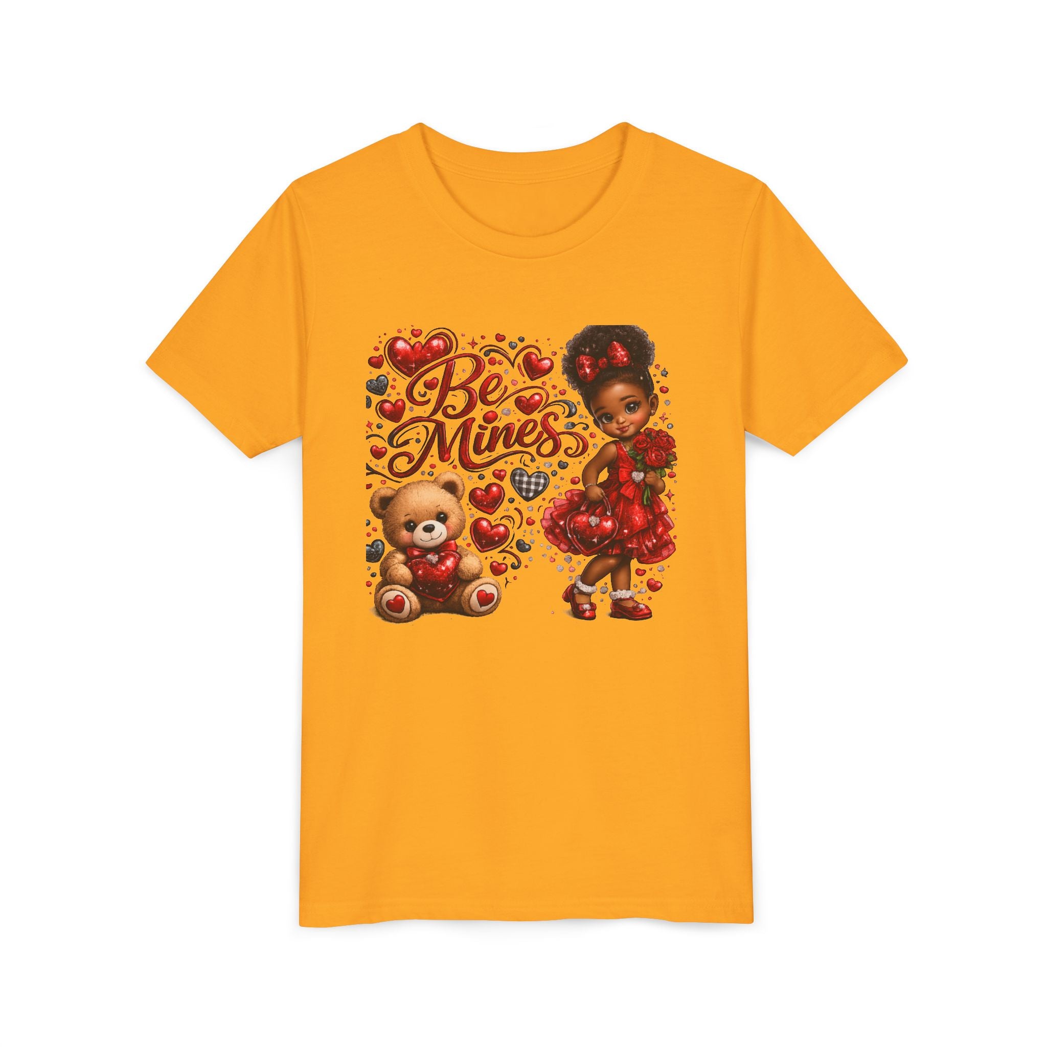 Be Mine Valentine's Day Youth T-Shirt – Cute Black Girl Teddy Bear Tee