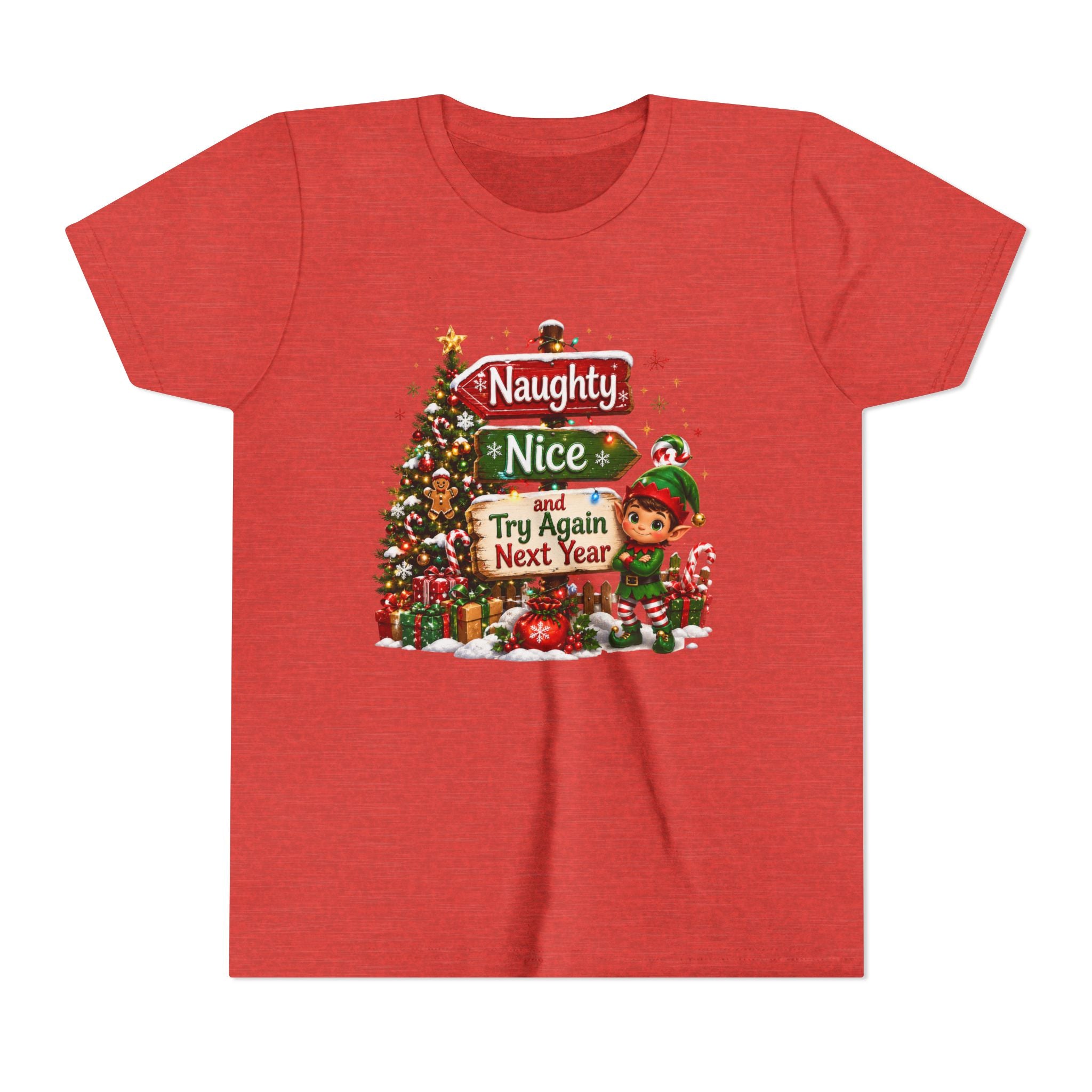 Naughty Nice Try Again Next Year Kids Shirt – Funny Elf Christmas Tee | Holiday Gift for Kids