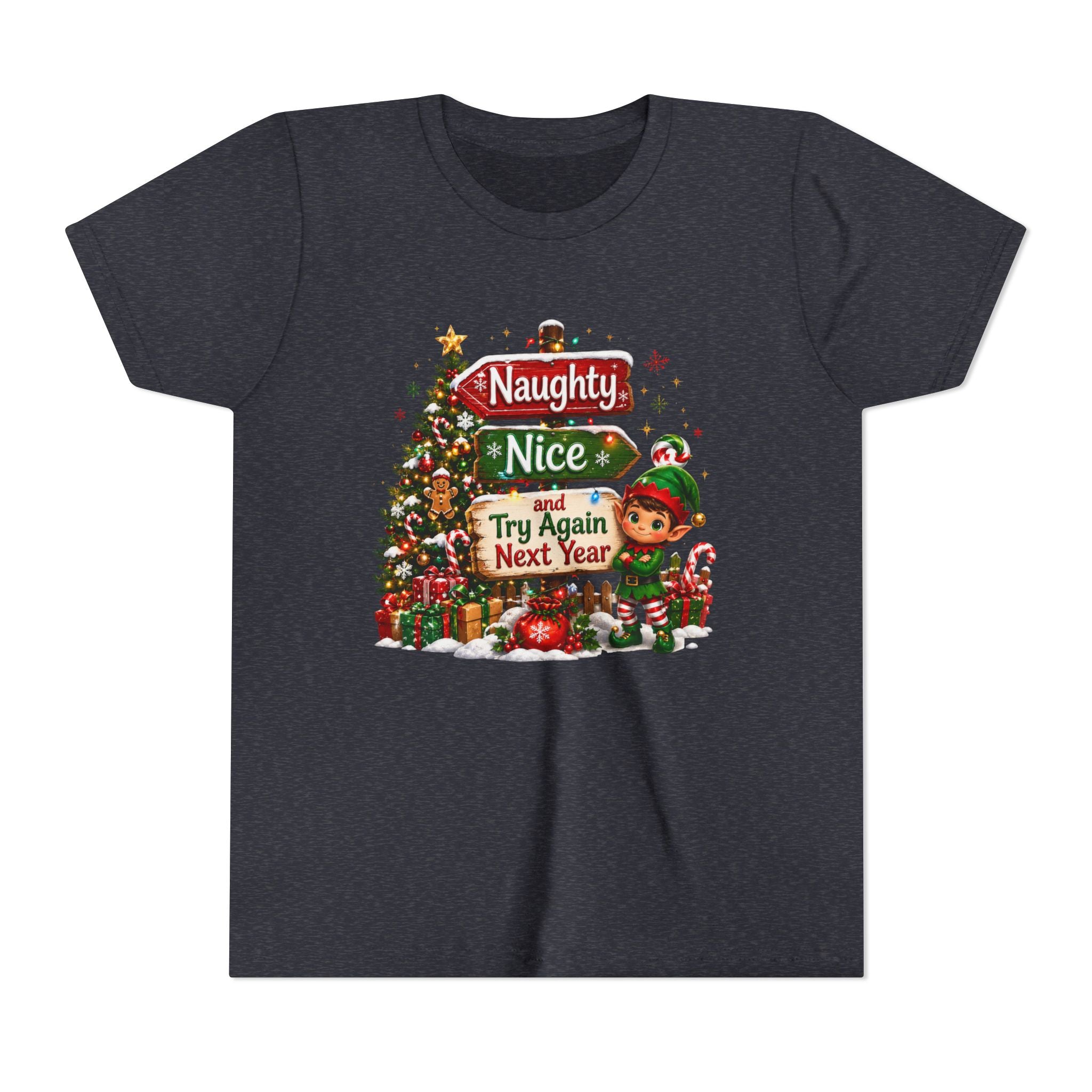 Naughty Nice Try Again Next Year Kids Shirt – Funny Elf Christmas Tee | Holiday Gift for Kids