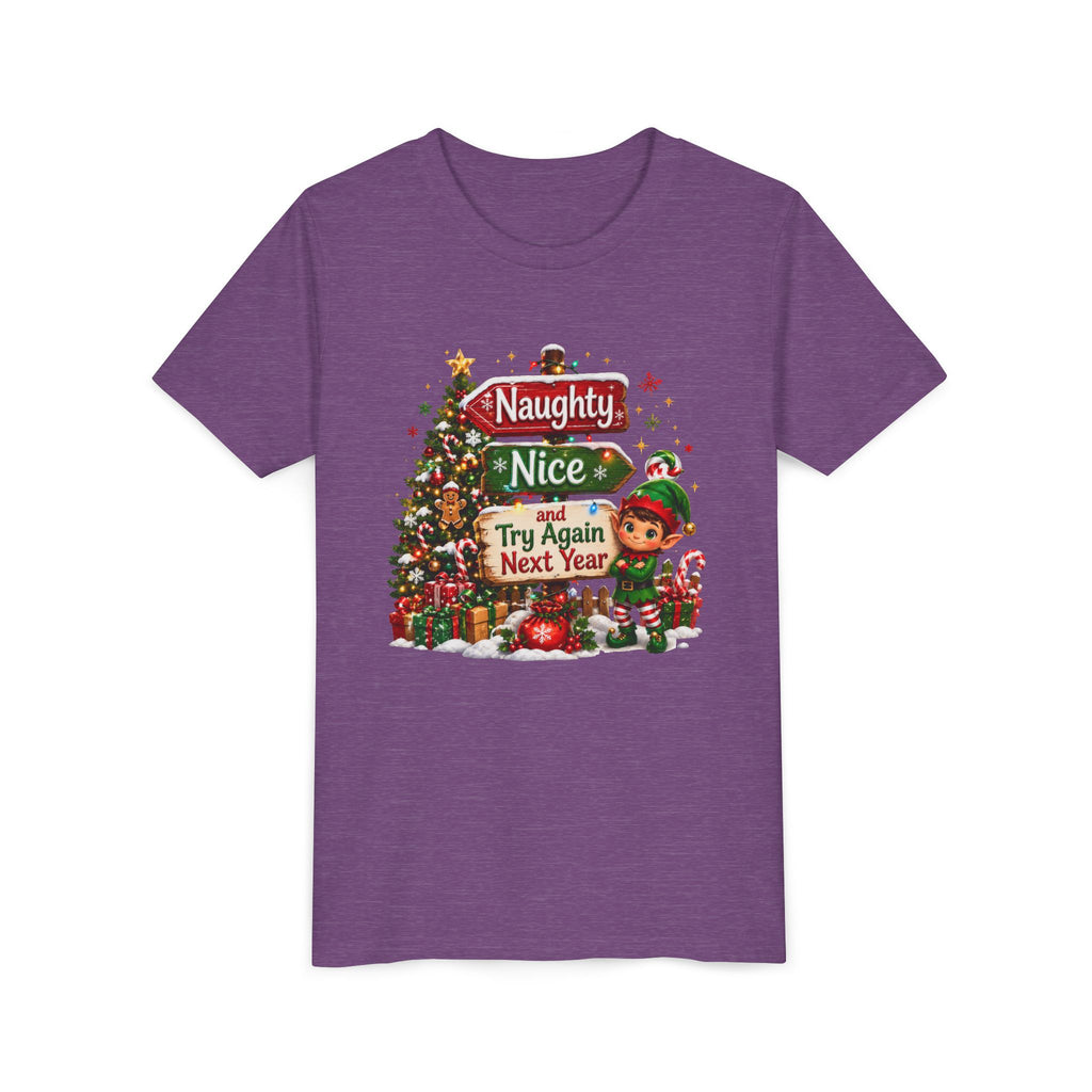 Naughty Nice Try Again Next Year Kids Shirt – Funny Elf Christmas Tee | Holiday Gift for Kids
