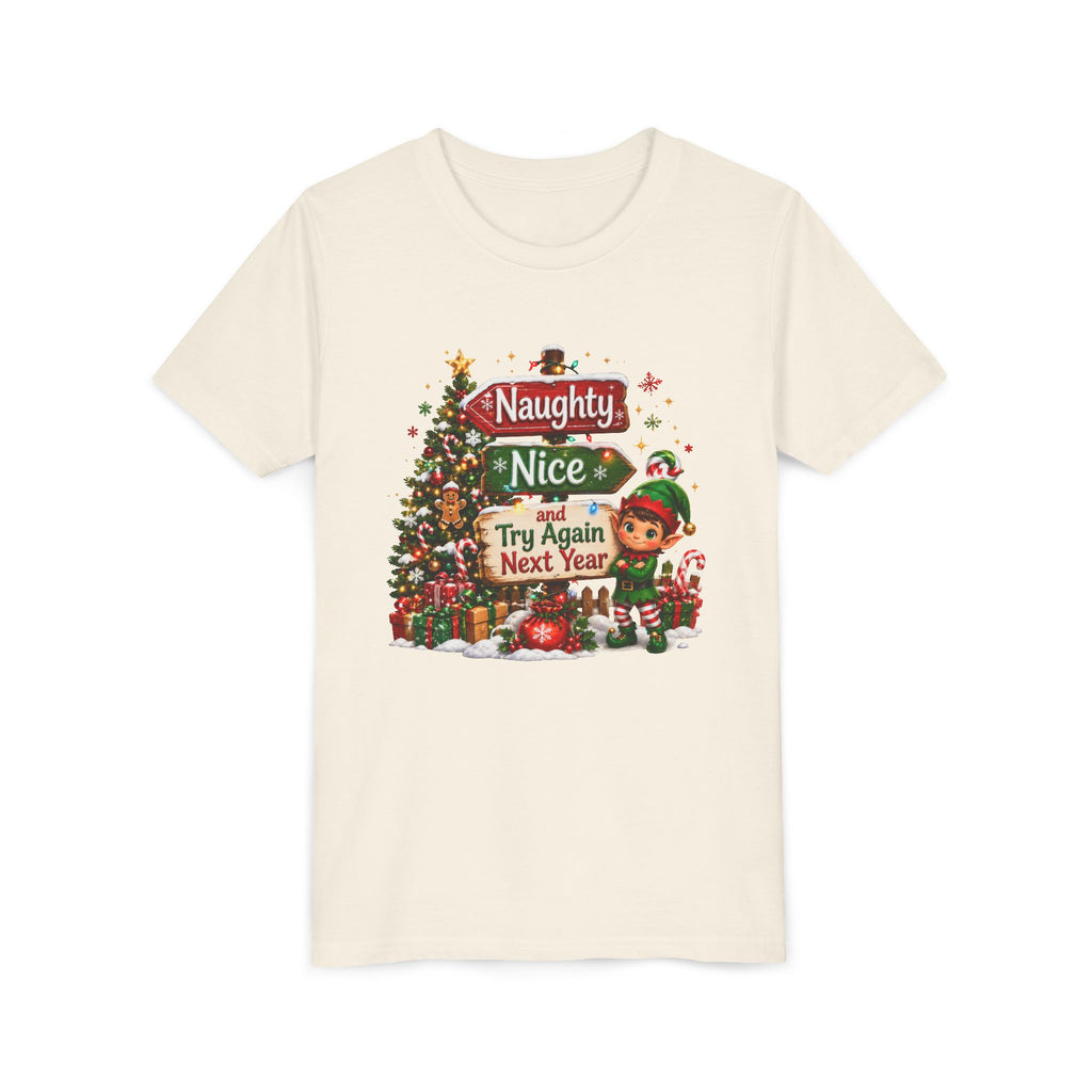 Naughty Nice Try Again Next Year Kids Shirt – Funny Elf Christmas Tee | Holiday Gift for Kids