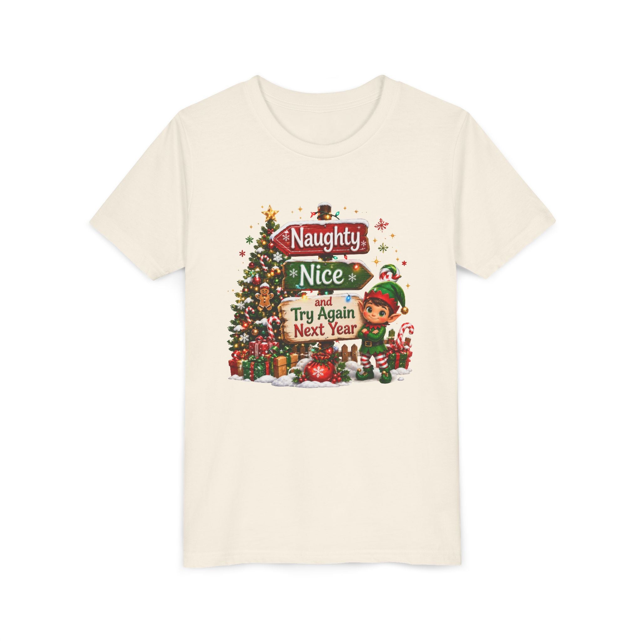 Naughty Nice Try Again Next Year Kids Shirt – Funny Elf Christmas Tee | Holiday Gift for Kids