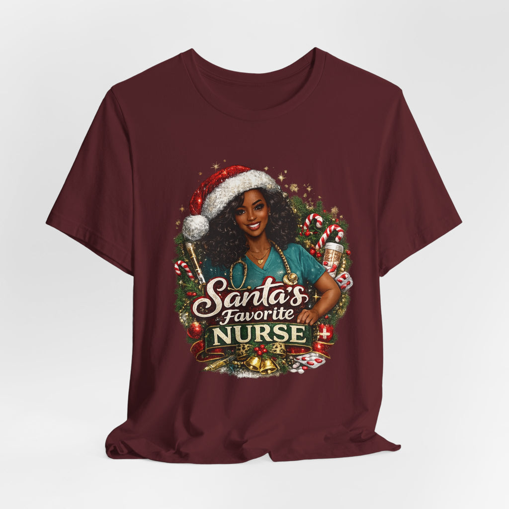 Santa's Favorite Nurse – Black Nurse Christmas T-Shirt