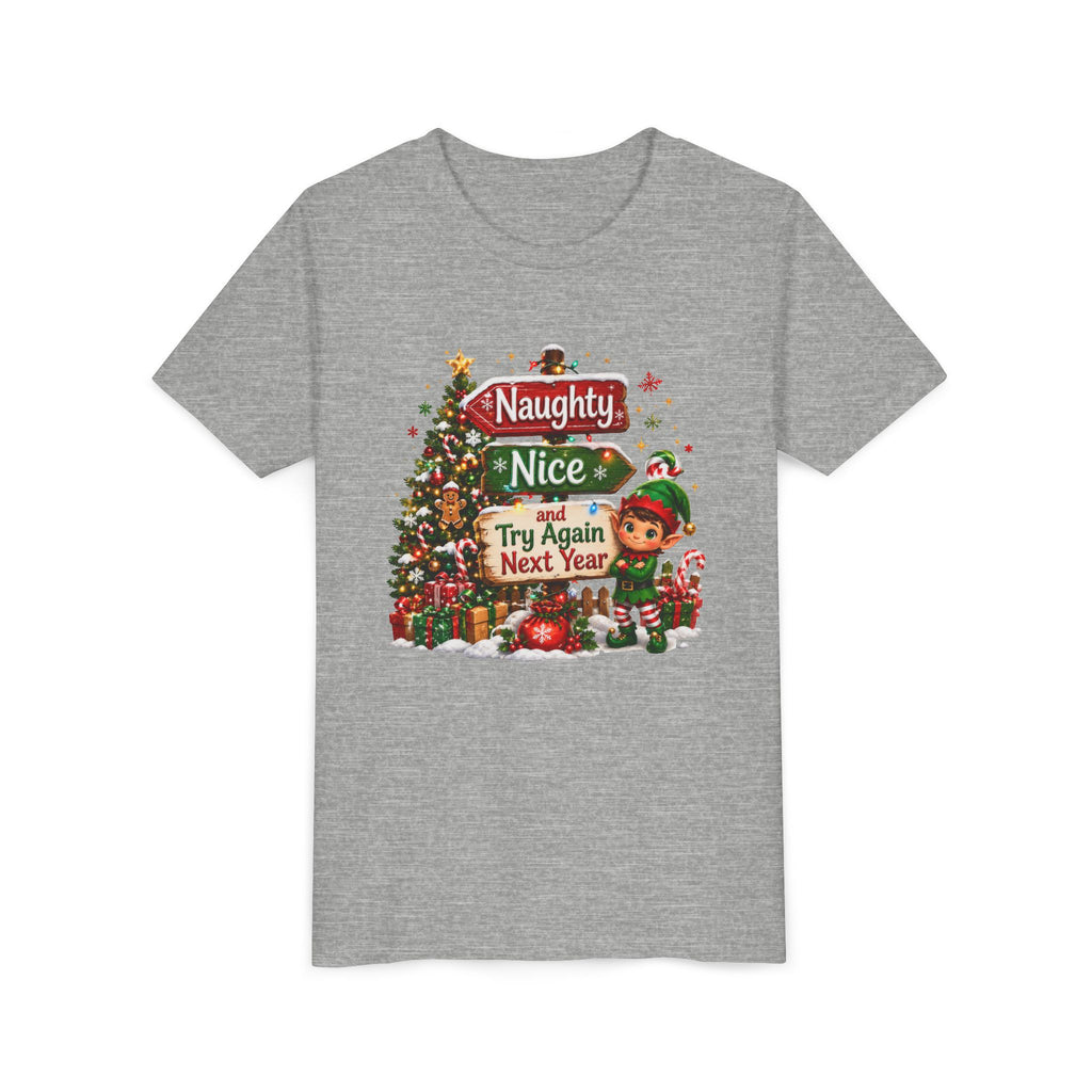 Naughty Nice Try Again Next Year Kids Shirt – Funny Elf Christmas Tee | Holiday Gift for Kids