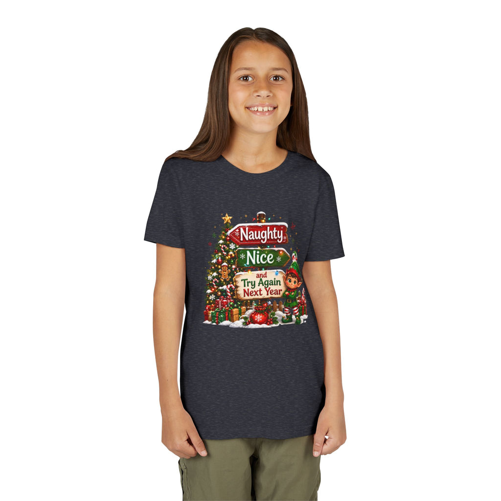 Naughty Nice Try Again Next Year Kids Shirt – Funny Elf Christmas Tee | Holiday Gift for Kids